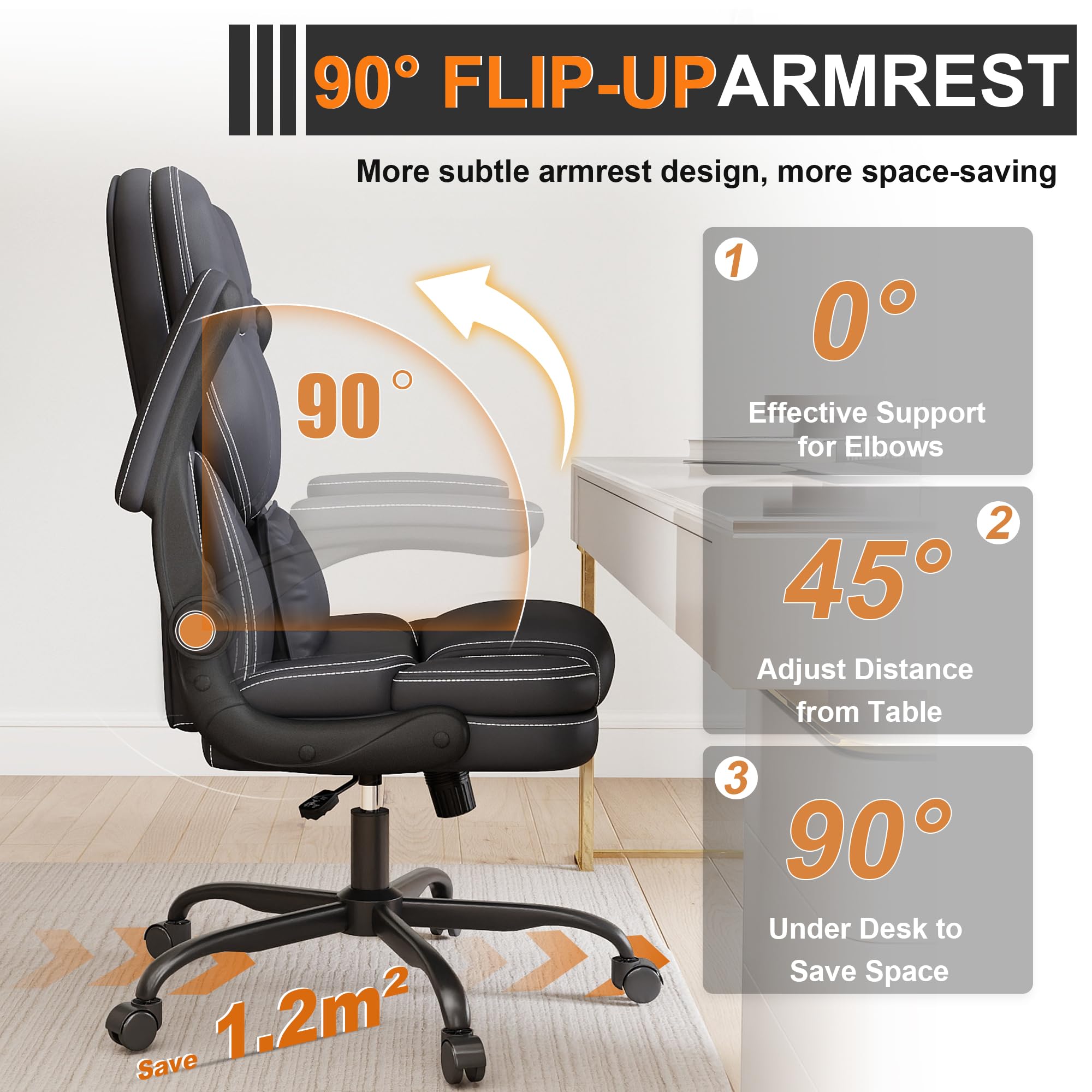 Ergonomic Office Chair with Flip-up Armrests 300lbs Middle-Tall Computer Office Desk Chair with Lumbar Support Executive Leather Chair — view 5