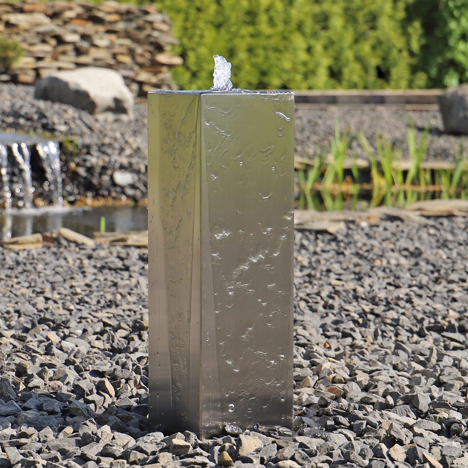 CLGarden Säulenbrunnen Edelstahl eckig ESB7 für außen Garten Brunnen Set Säule mit LED Beleuchtung