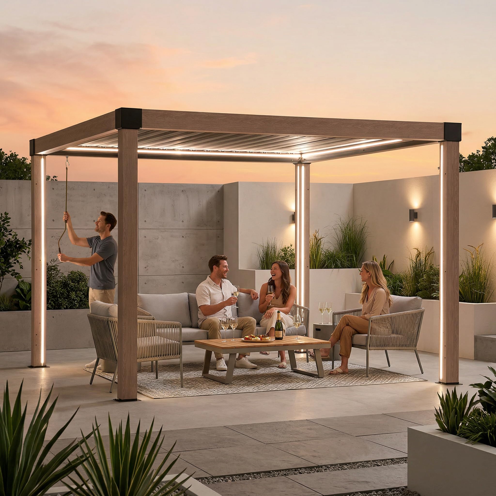 SUNJOY Pergola Ogrodowa 3x3m, Aluminiowa Altana Lamelowa Całoroczna, Ruchomy Dach z Regulacją Kąta, Solidny Pawilon Tarasowy, Efekt drewna