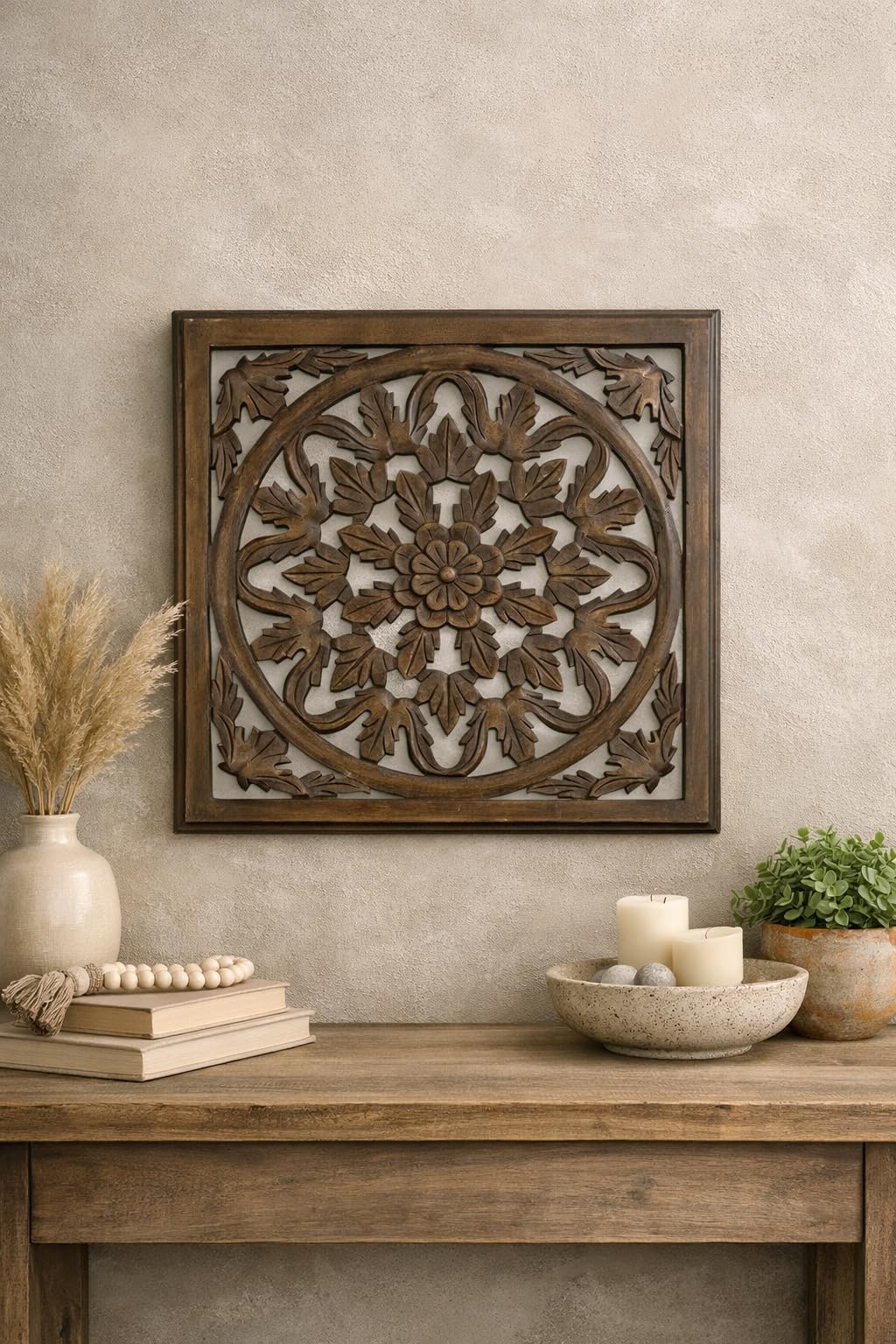 UNIVERSAL WOOD CRAFTS Decorative Wooden Wall Panel, Brown, Floral Mandala Carved Design, Square Framed Art size 12 × 12 Inches-image-11