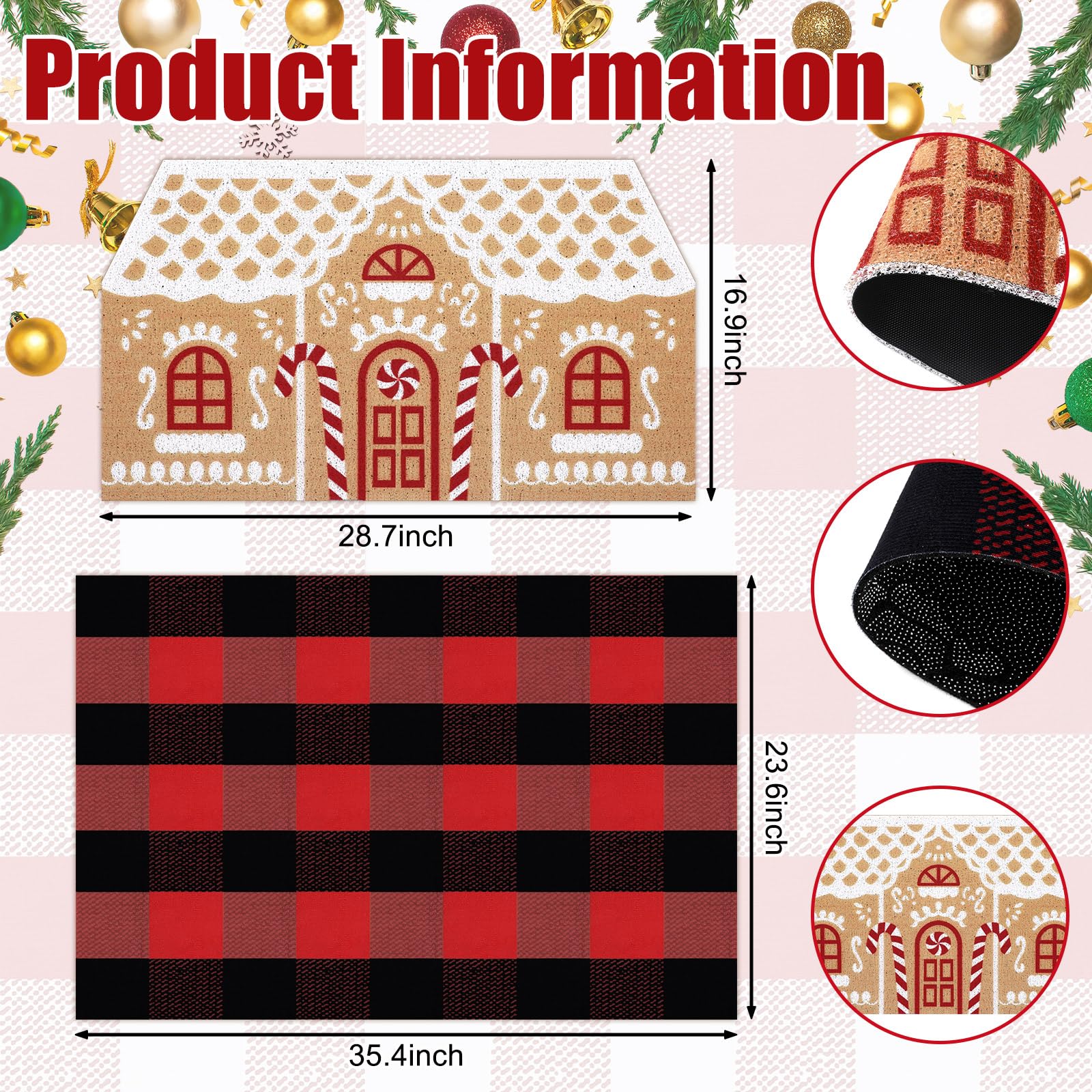 Tinideya Fußmatte mit Aufschrift "Merry Christmas", rutschfest, Motiv Lebkuchenhaus, Dorf, bunt, Weihnachtsmotiv, Büffelkariert, gestreift, für Eingangsbereich, Lebkuchenhaus, 2 Stück