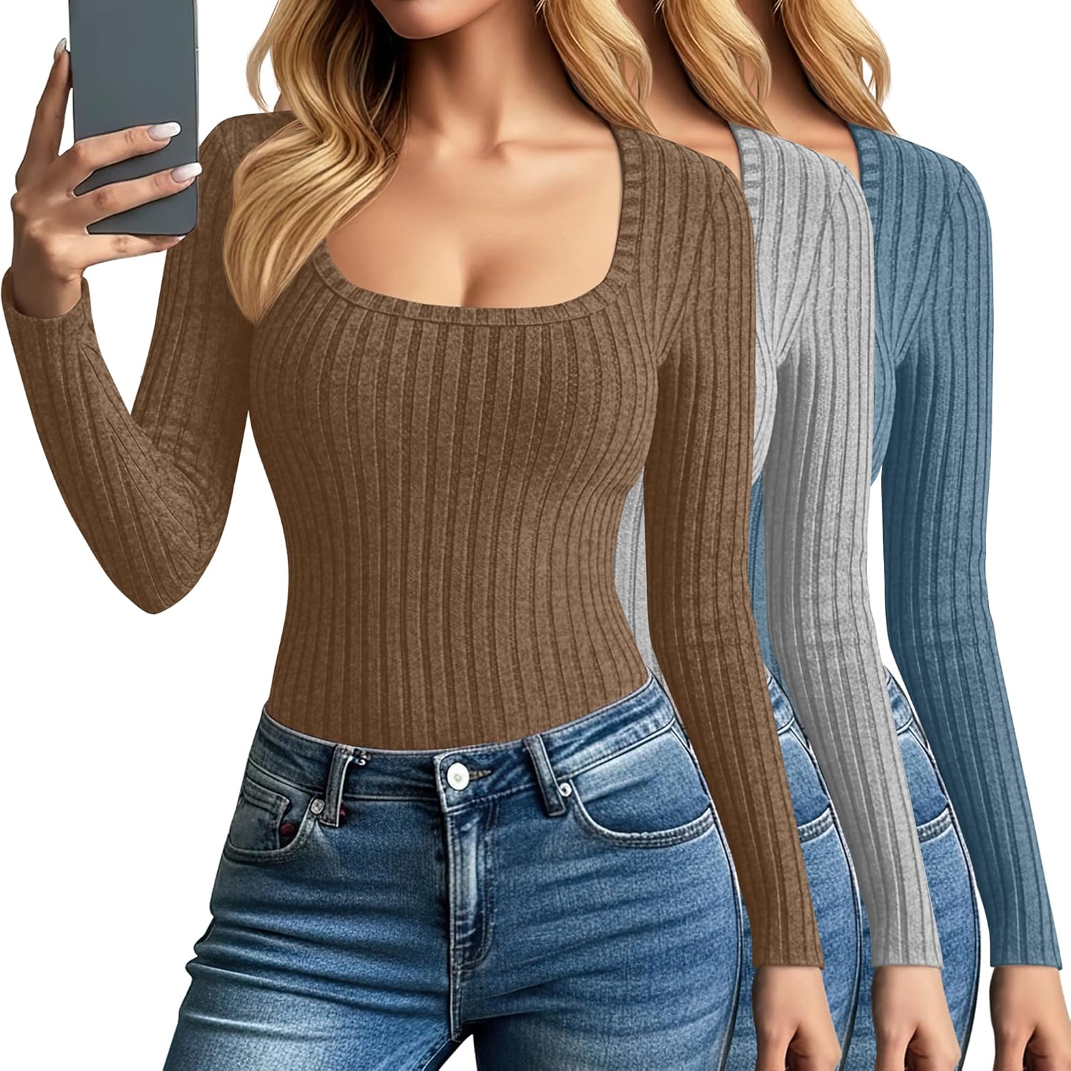 Velvelhall 3 Pack Women's Long Sleeve Tops, Scoop Neck Ribbed Knit Shirt Slim Fit Pullover Sweater Casual Basic Thermal Shirt