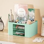 Marbrasse Plastic Pencil Holder for Desk, Pen Organizer with 2 Drawers | Desk Organizers and Accessories with 5 Compartments, Cosmetic Brush Holder for Office Art Supplies(Green)