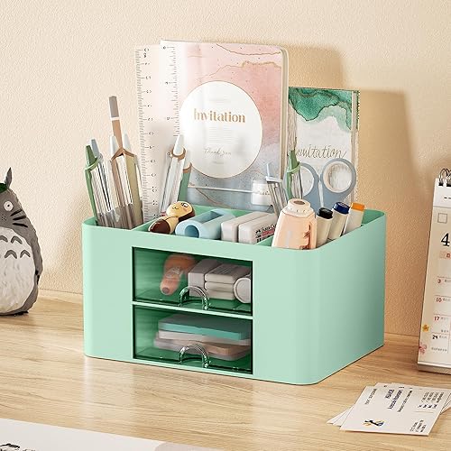 Miniatura 2 de Marbrasse Organizador de bolígrafos con 2 cajones, soporte multifuncional para escritorio, organizadores de escritorio y accesorios con 5