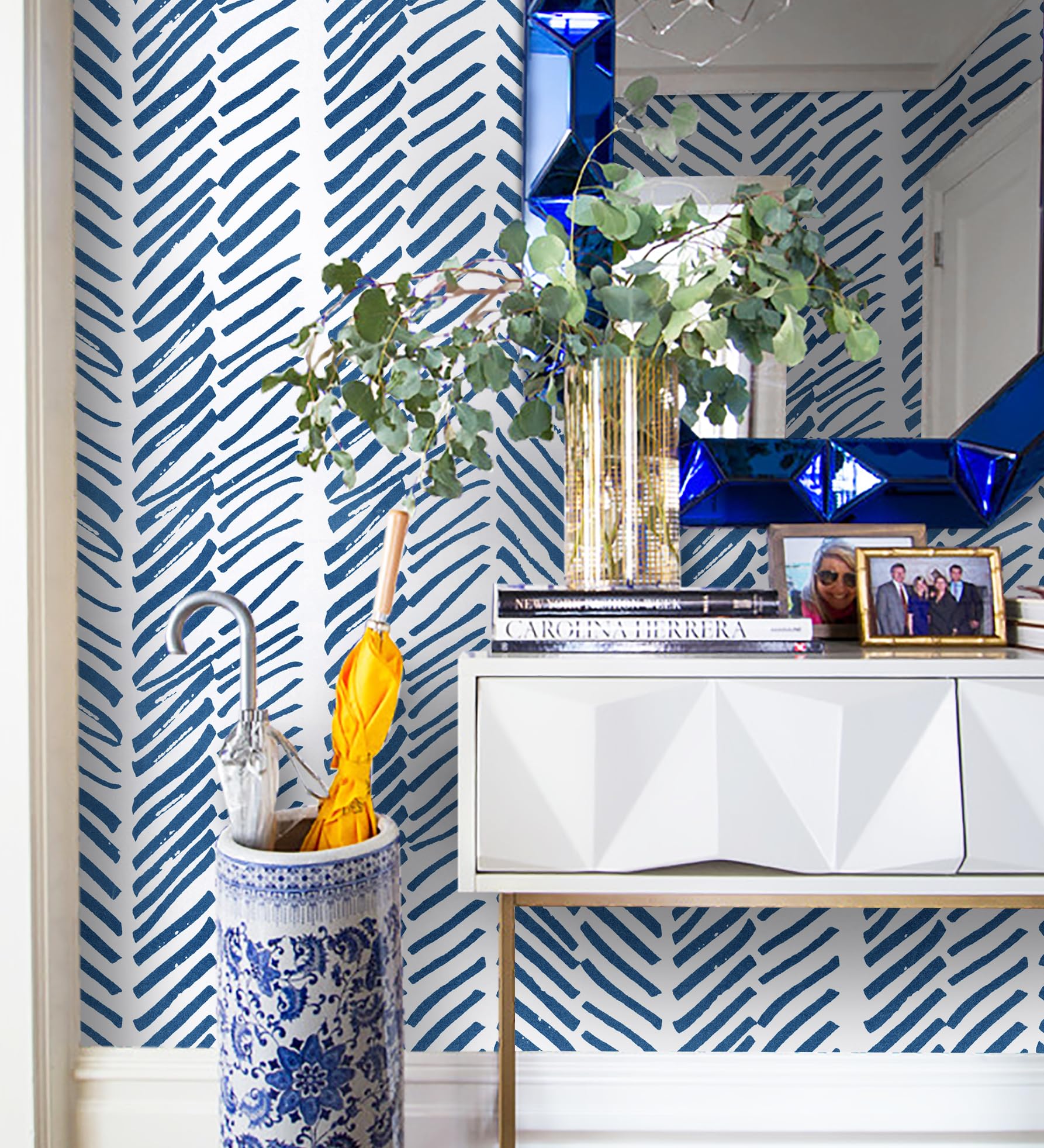 Guvana 17.7"x394" Peel and Stick Wallpaper Striped Wallpaper Line Contact Paper Deep Blue and White Wallpaper Modern Self Adhesive Contact Paper DIY Removable Wallpaper for Livingroom Cabinets Decor