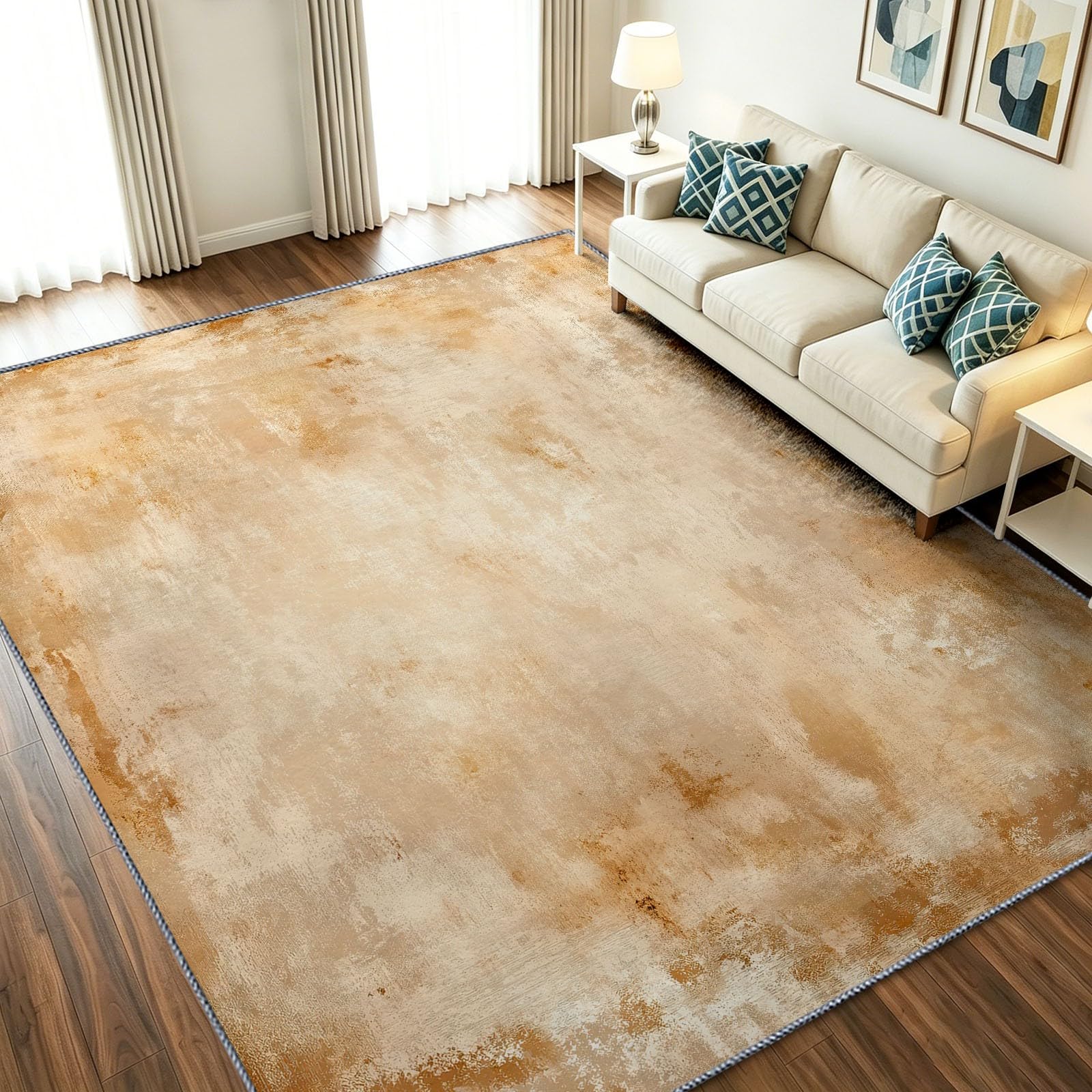 Beige Tapis Salon Lavable en Machine 80 x 150 cm Poil Ras Doux Vintage Américain Rustique Descente de Lit AntidéRapant Grain De Bois Effet Vieilli pour Chambre Interieur Salle a Manger Bureau Cuisine