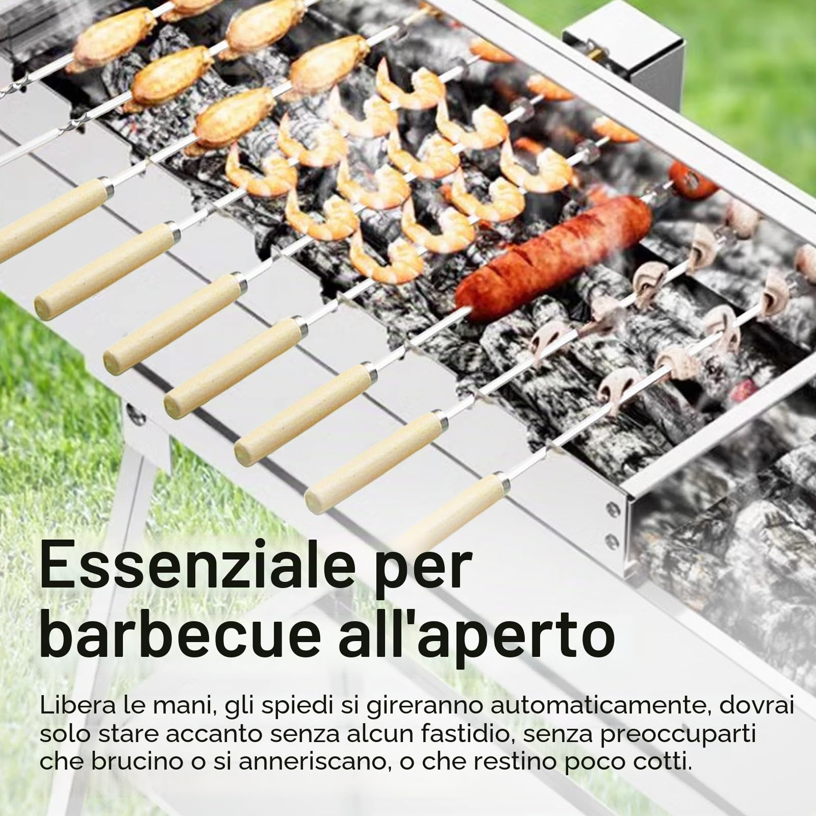 Girarrosto Elettrico, Spiedo Girevole Per Barbecue In Acciaio Inox 50 cm Con Motore USB Accessorio Schaschlik 9 Fori Con 9 Spiedini 5 Giri/Min Larghezza Regolabile Accessori Per Grill Da Giardino