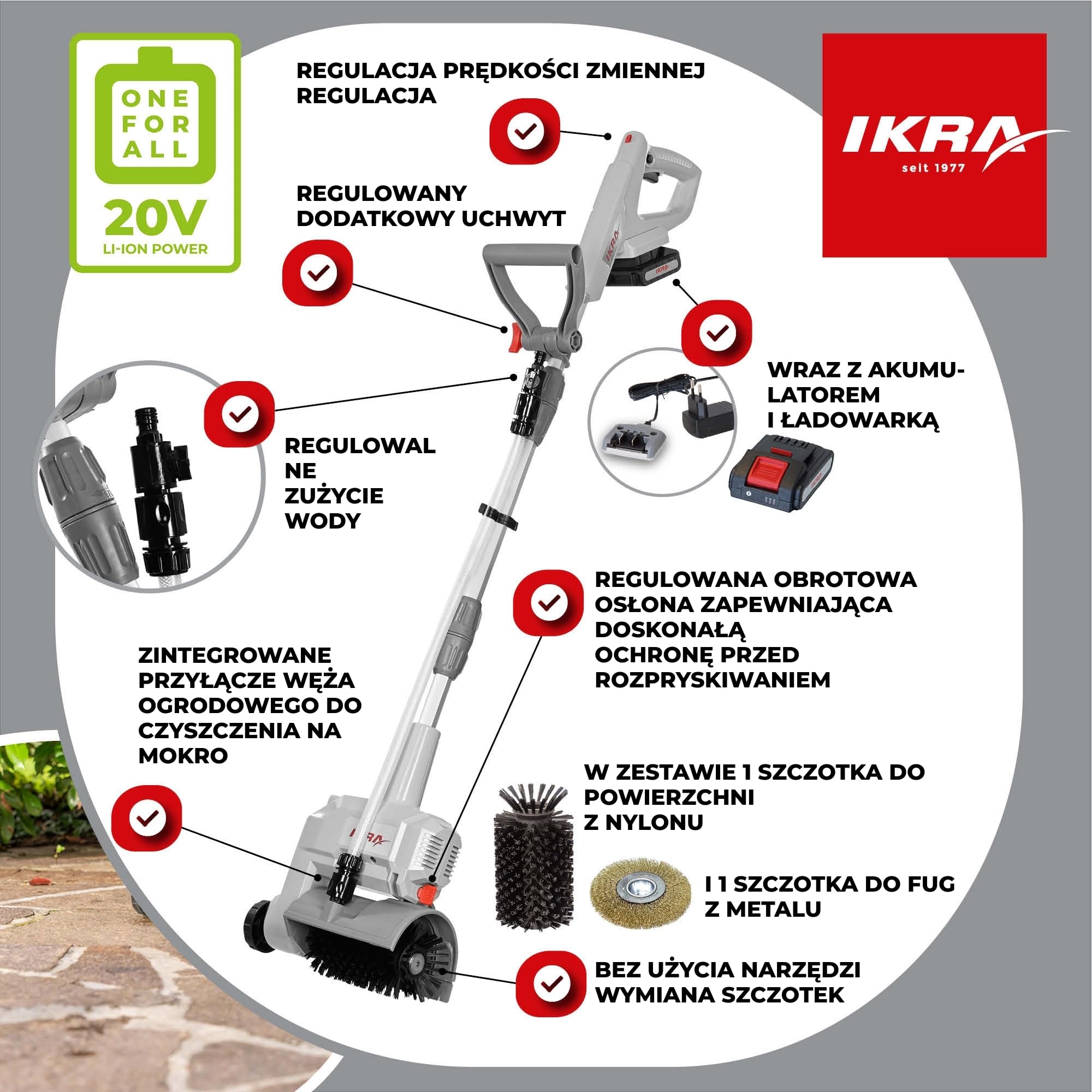IKRA Akumulatorowa szczotka do powierzchni i fug Vario Brush IATR 20 | W zestawie: nylonowa szczotka do powierzchni, stalowa do fug, możliwe mycie na mokro, akumulator i ładowarka, seria 20V