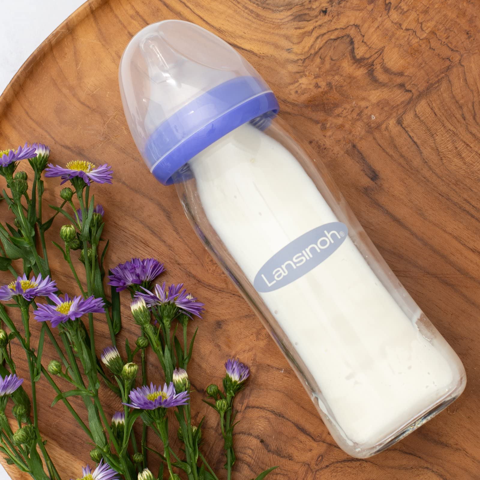 Biberón de Cristal de Lansinoh para Leche Materna con tetina simuladora del pezón, flujo medio, 240 ml/1 Ud., lila/transparente (77250)