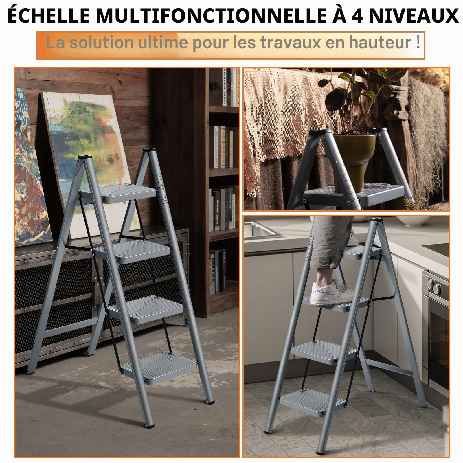 XinSunho Escabeau 4 marches, Escabeau Pliante avec pédale antidérapante, échelle en Acier Robuste, Léger et Portable pour la Maison, Capacité 150kg