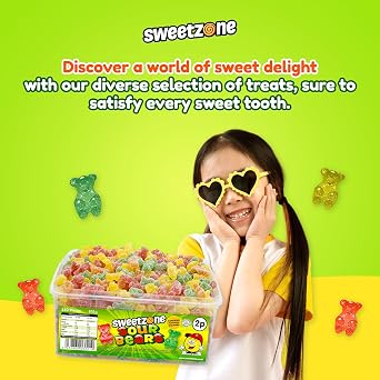 Sweetzone Sour Gummy Bears Sweets Tub, Halal Gummy Candy in Retro Fizzy Sweets, 805g Tub of 350 pcs of Gummies Candy, Sour Gummy Bears Packed with Flavour and Tangy Taste for Kids, and Sweet Lovers