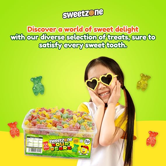 Sweetzone Sour Gummy Bears Sweets Tub, Halal Gummy Candy in Retro Fizzy Sweets, 805g Tub of 350 pcs of Gummies Candy, Sour Gummy Bears Packed with Flavour and Tangy Taste for Kids, and Sweet Lovers