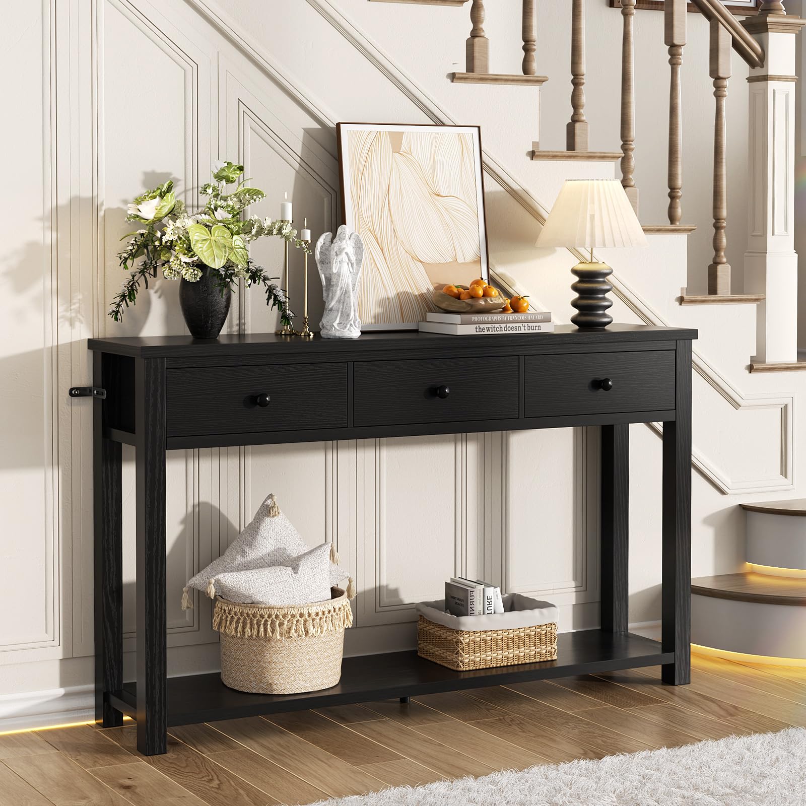 iSunirm Table console avec 3 tiroirs, 120 cm de largeur, en bois, avec compartiment de rangement pour salon, derrière le canapé, table de couloir pour couloir, salon ou entrée, noir