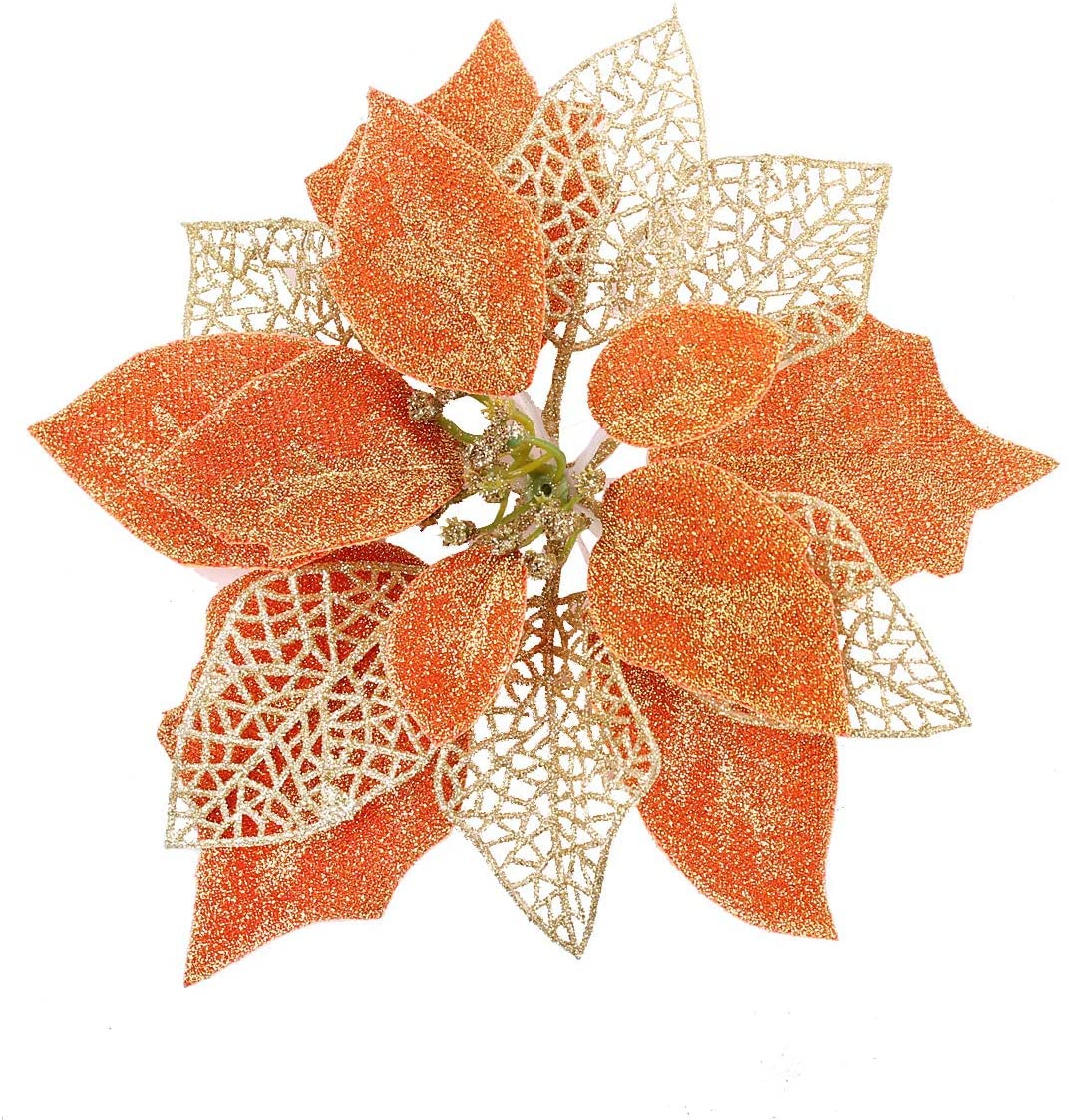 (Pack of 12) Glitter Poinsettia Christmas Tree Ornaments,Christmas Decorations Flower (Orange)