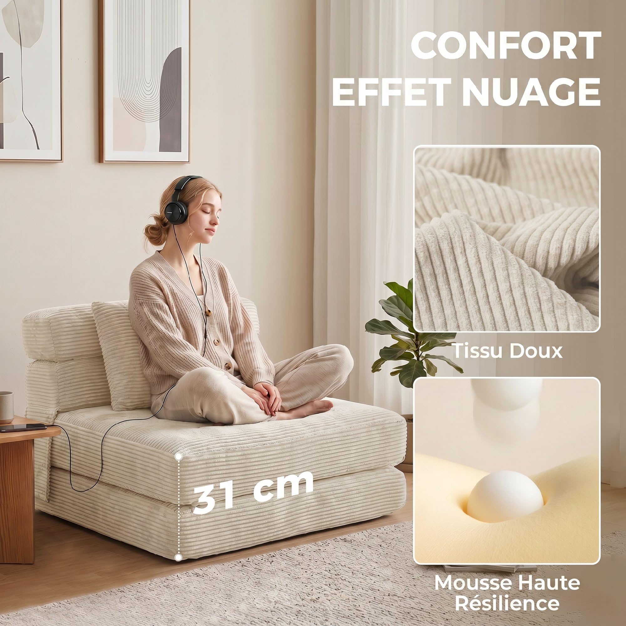 HOMCOM 2-in-1 Divano Letto Pieghevole Chaise Singolo 100 cm Crema