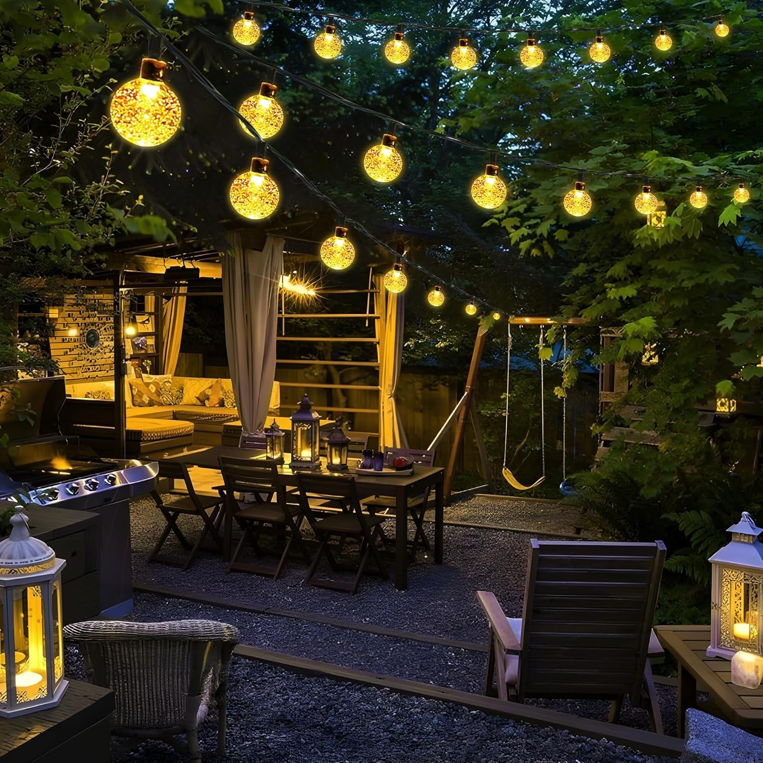 Guirnalda de luces solares impermeables para exteriores, 1 paquete de 50 luces LED de 2,3 cm cada una, luces solares de patio con 8 modos de iluminación para jardín, patio, porche, fiesta de boda