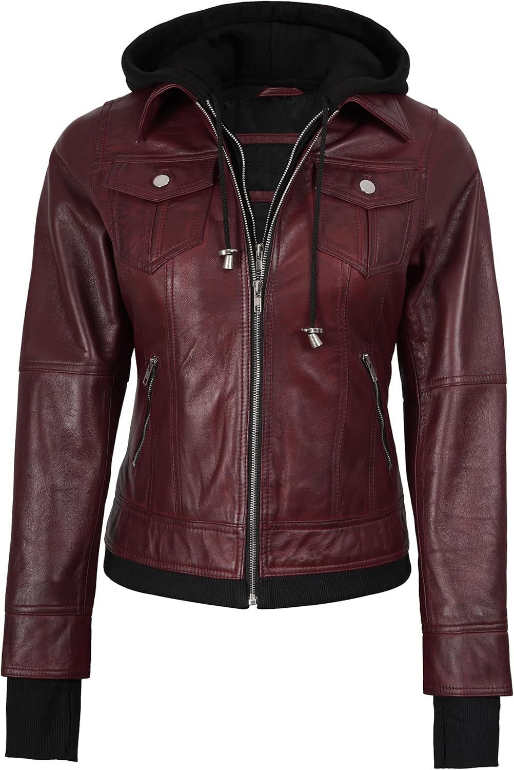 fjackets Hooded Leather Bomber Jacket Women - Real Lambskin Womens Leather Jacket with Removable Hood - Image 5