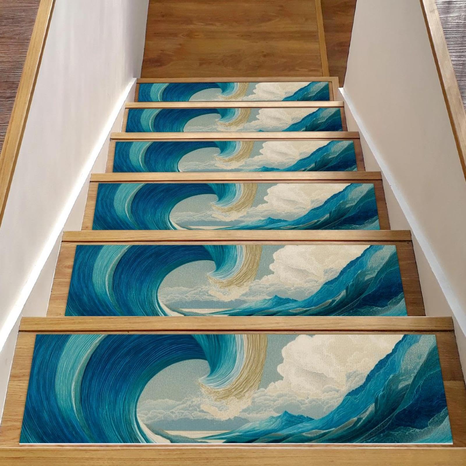 Tapis d'escalier antidérapants lot de 15 marches résistantes motif vagues pour chiens et enfants