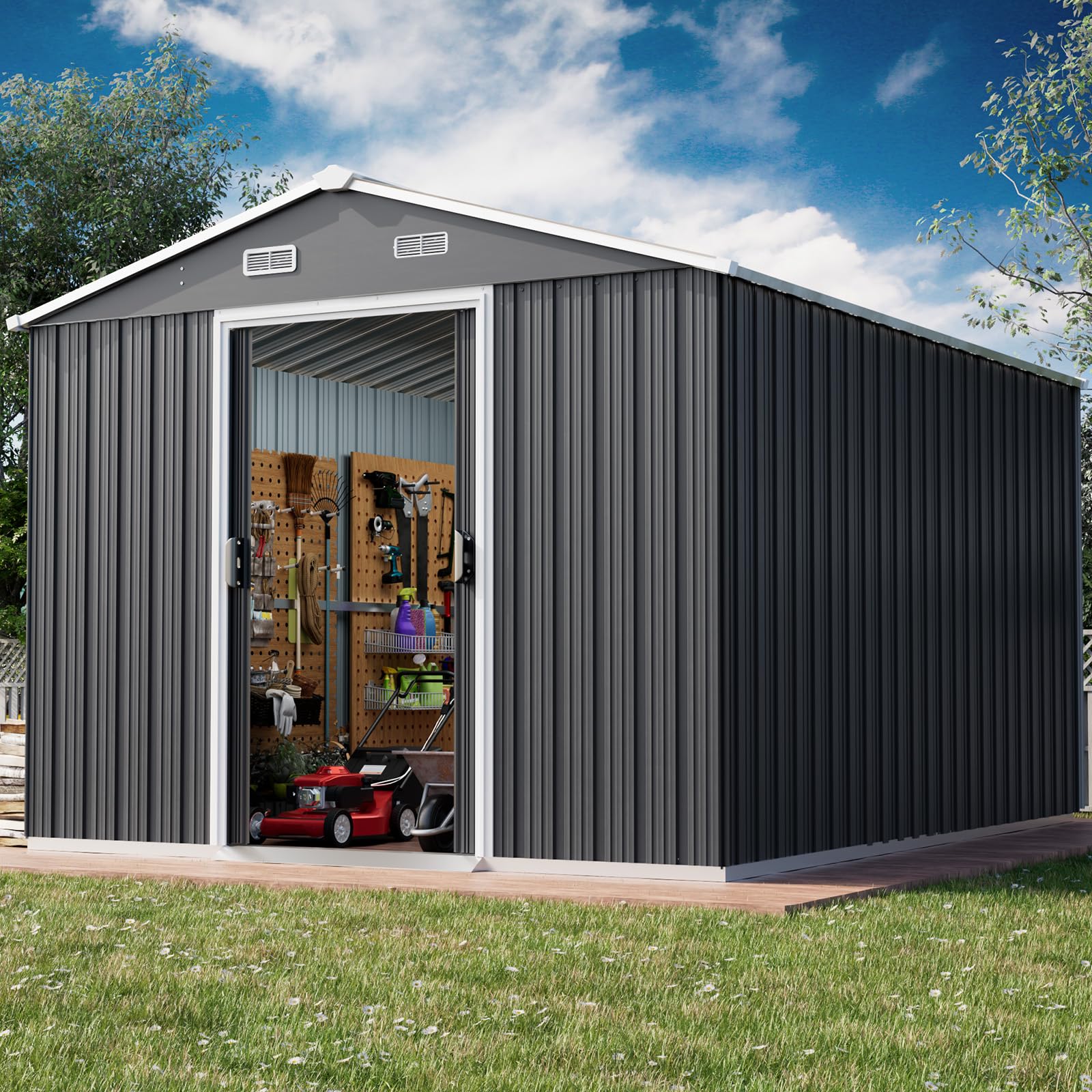 ELUCHANG Metal Garden Shed 8x6ft, Outdoor Storage Tool House