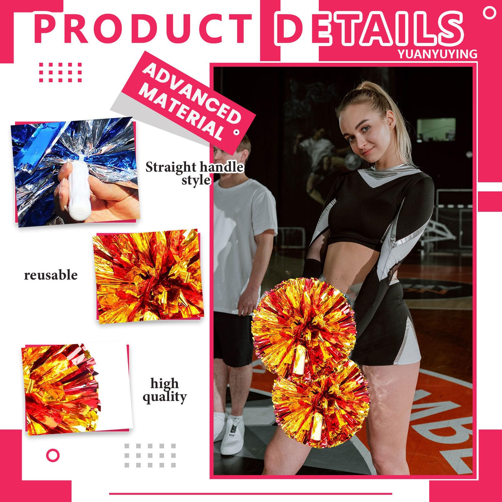Pompony cheerleaderek, 36 szt. z prostym uchwytem, ręczne pompony drużynowe do drużyny sportowej Cheer Spirit Games, na imprezę taneczną dla dorosłych (czerwone + złote)