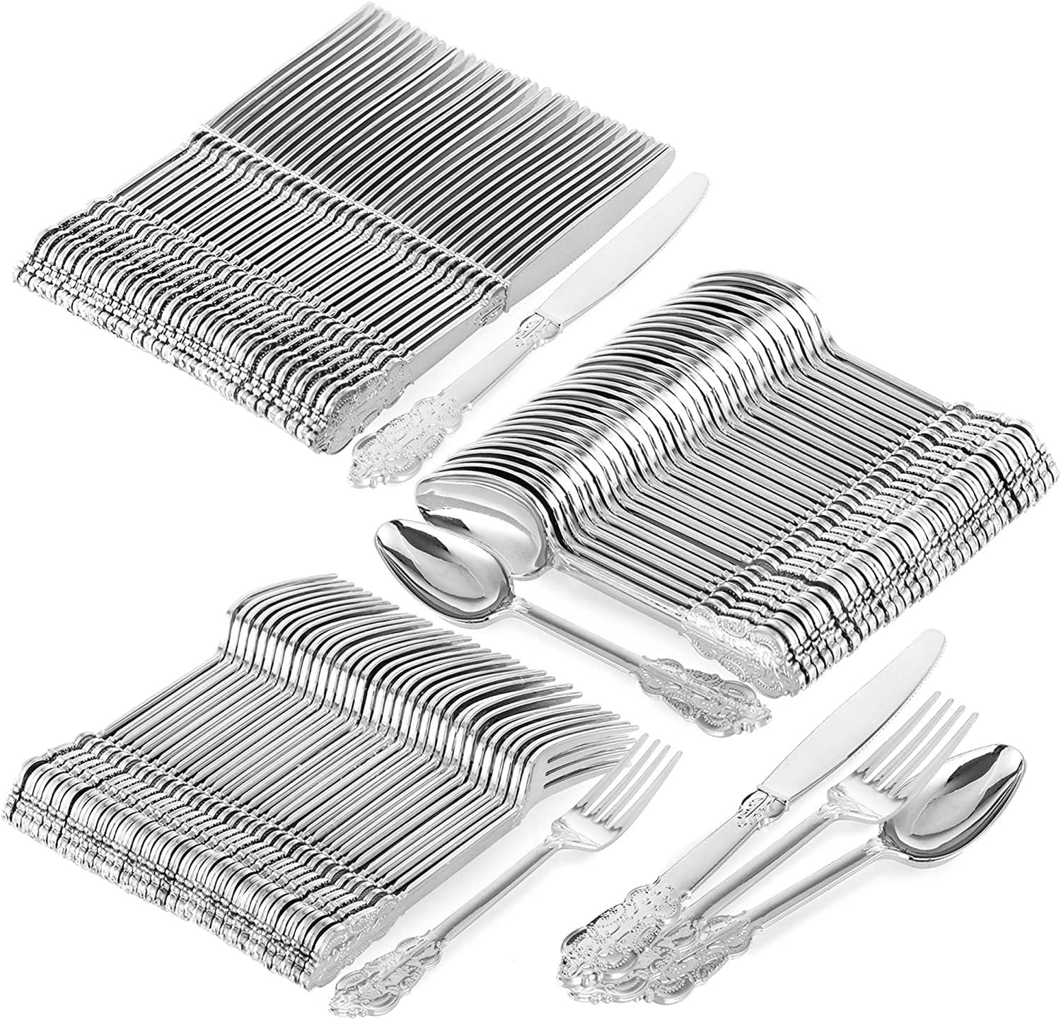 150 Pcs Gold Plastic Silverware Disposable - 50 Forks, 50 Spoons, 50Knives Heavy Duty Disposable Utensils, Heavyweight Cutlery, Elegant Flatware for Dinner Party, Wedding, Holiday Parties (Silver)