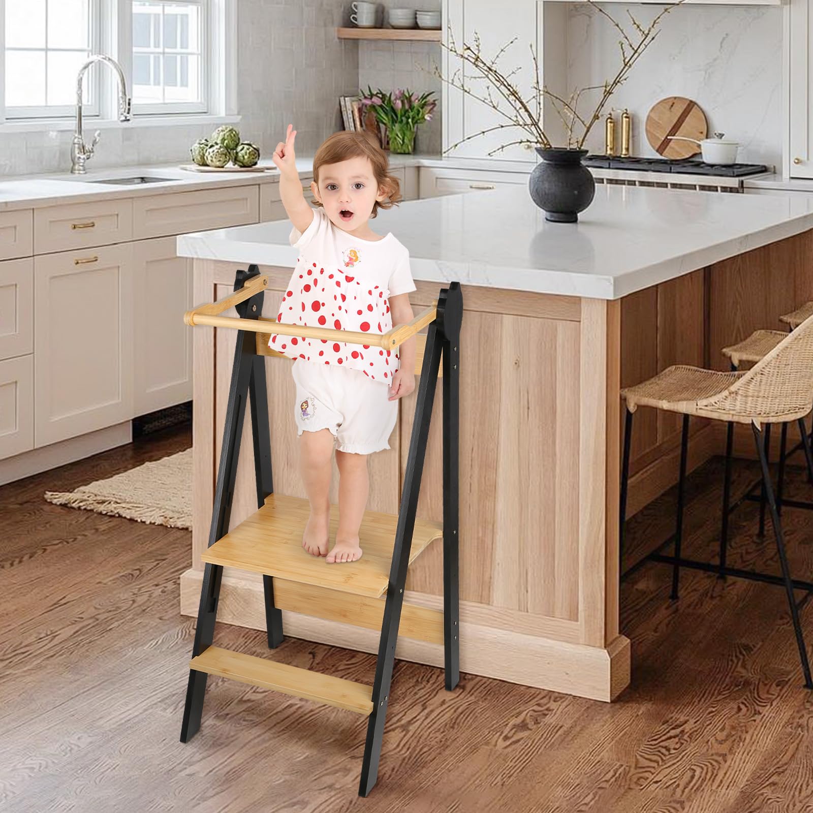 Tour d Observation Enfant, Tour Montessorienne d'apprentissage Pliable Multi-usages Tour d'apprentissage en Bois Naturel de Bouleau, Pliable, Sécurité-88 * 45 * 45 cm-café Noir