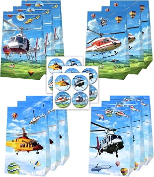 12 Pack Helicopter Party Bags with Stickers, Helicopter Paper Bags Gift Candy Treat Bags for Airplane Party Supplies Transportation Birthday Party Decorations