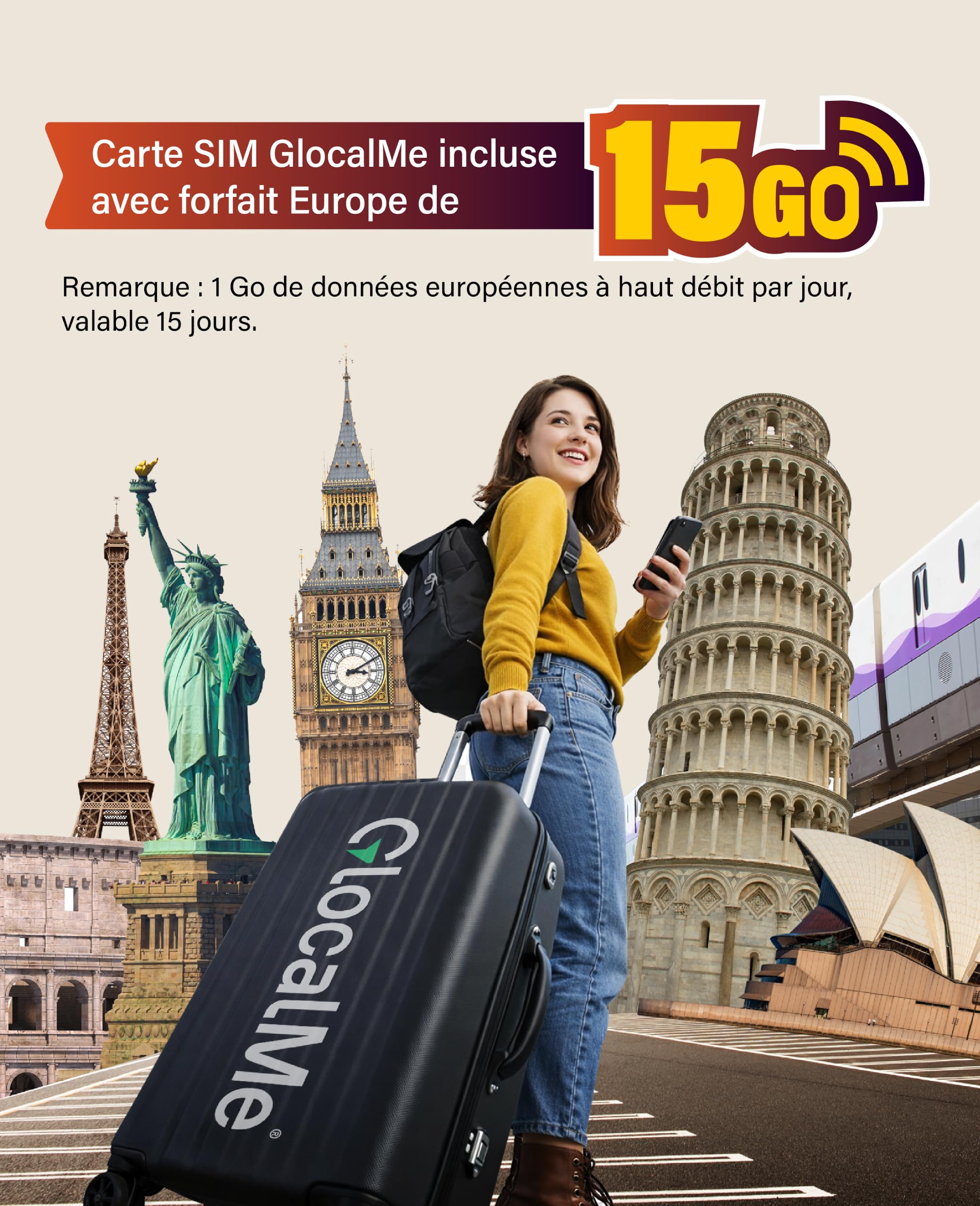 GlocalMe Routeur Wi-Fi mobile C4, données UE 15 Go, carte SIM incluse, Plug & Play, WiFi 6, batterie 3700 mAh avec autonomie de 14 heures, jusqu'à 10 appareils, Wi-Fi portable pour les déplacements