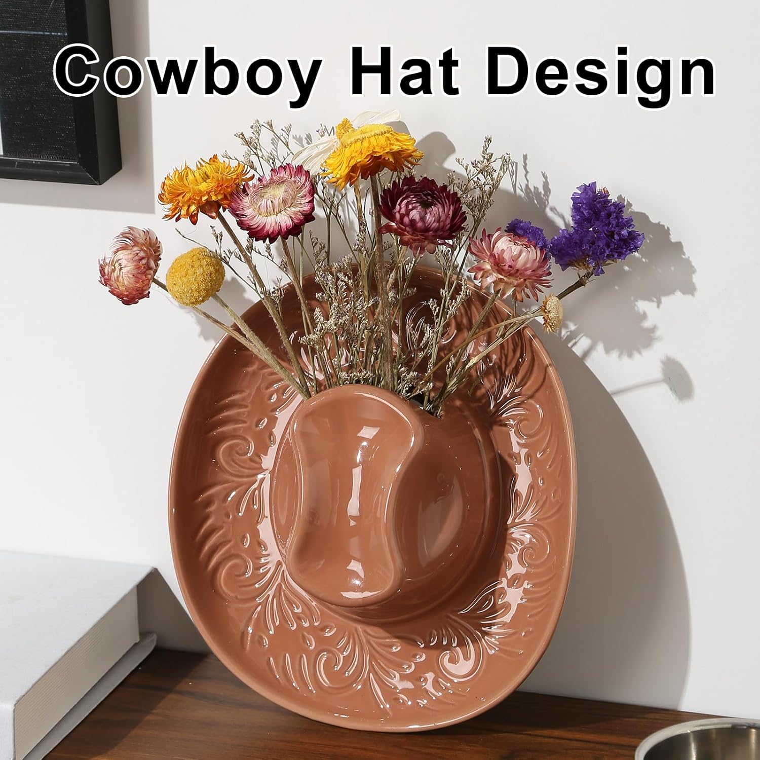 Hanging Wall Planters for Indoor Plants, Wall Vases for Flowers, Ceramic Cowboy Hat Vases for Decor, for Bathroom, Living Room, Office, and Home Decor. Brown