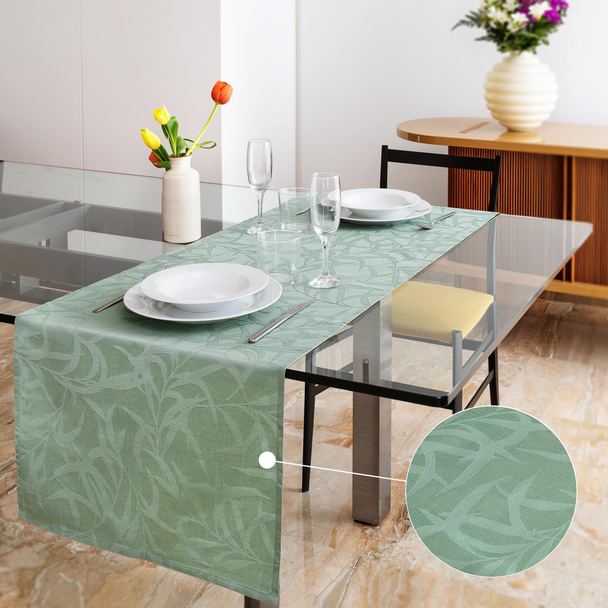 Ferò Camino de Mesa Moderno, Camino Mesa Idrorepelente, 50x150cm, 100% algodón Puro de Primera Calidad, Diseño Jacquard Elegante, Designed in Italy, Lavable, Interior y Exterior, Camino de Mesa Verde