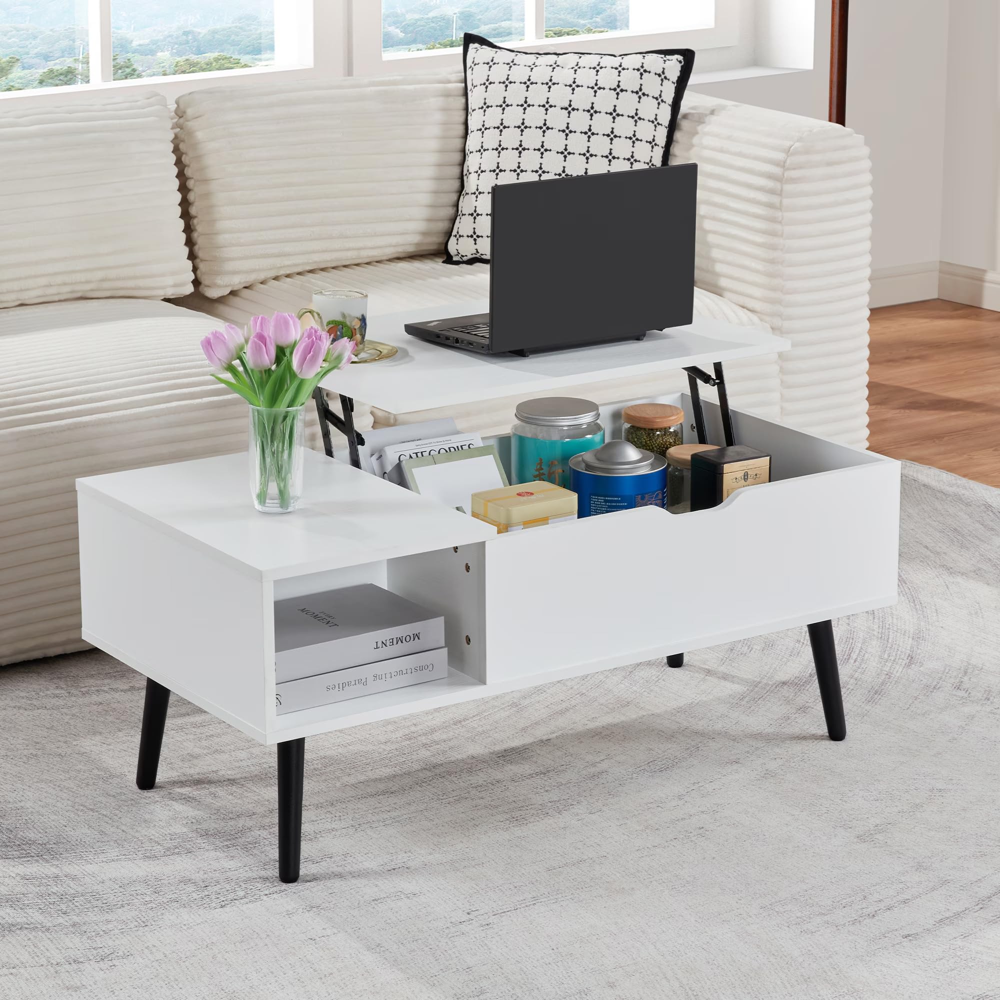 Mdhitsox 39 Wood Coffee Table with Lifting Top Living Room Tables with Compartment Dining Table with Storage Shelf