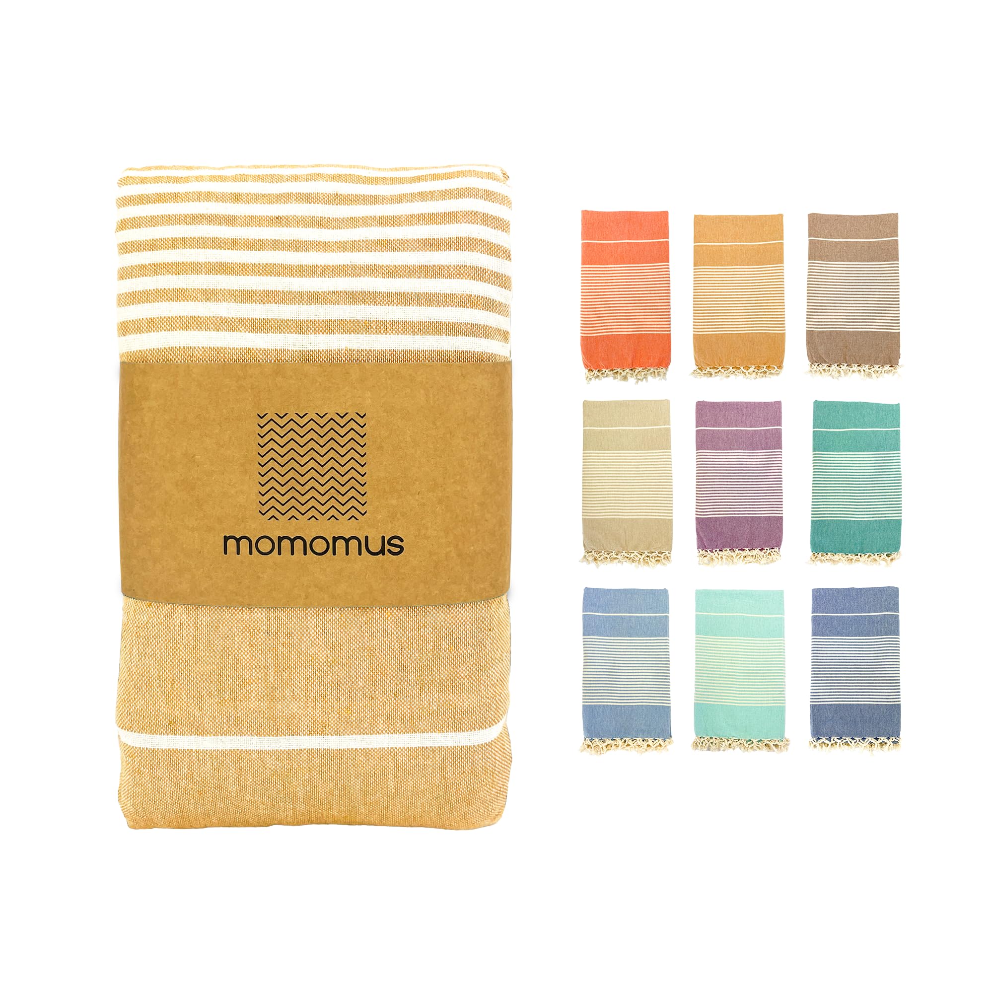 MOMOMUS Fouta Playa XXL, con Flecos y 100% Algodón – Ideal como Toalla de Playa Grande Antiarena, Manta de Picnic sin Arena, Pareo Gigante o Alfombra de Piscina – Mostaza, 200x220 cm