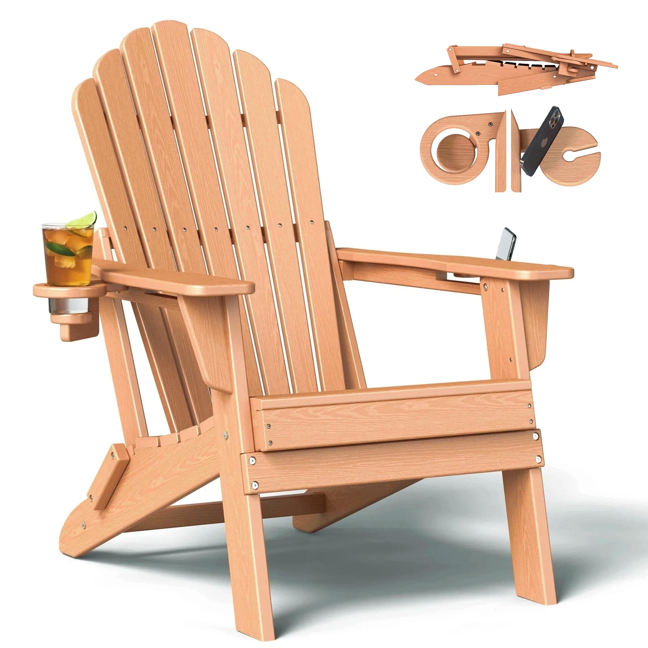 Oversized Adirondack Chair with Dual Cup Holders, Ergonomic High Back HDPE Fire Pit Chair, 380lbs Capacity All-Weather Outdoor Patio Lounge Chair for