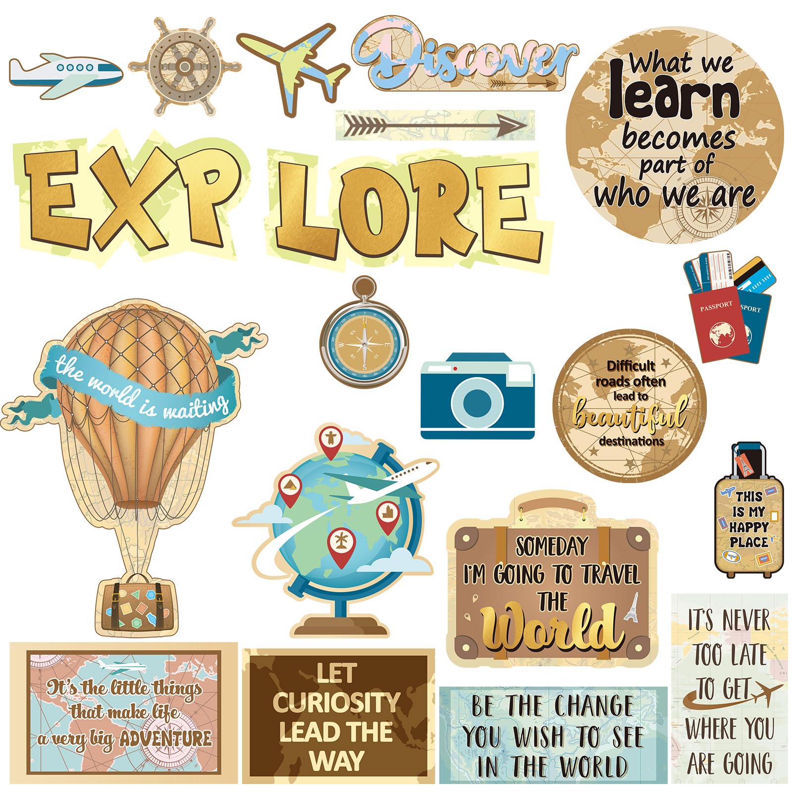 Supervitae 27 Pieces Travel Cutouts Travel the Map Bulletin Board Set Classroom Decor Motivational Sign Theme Party Decoration for Kids School Social