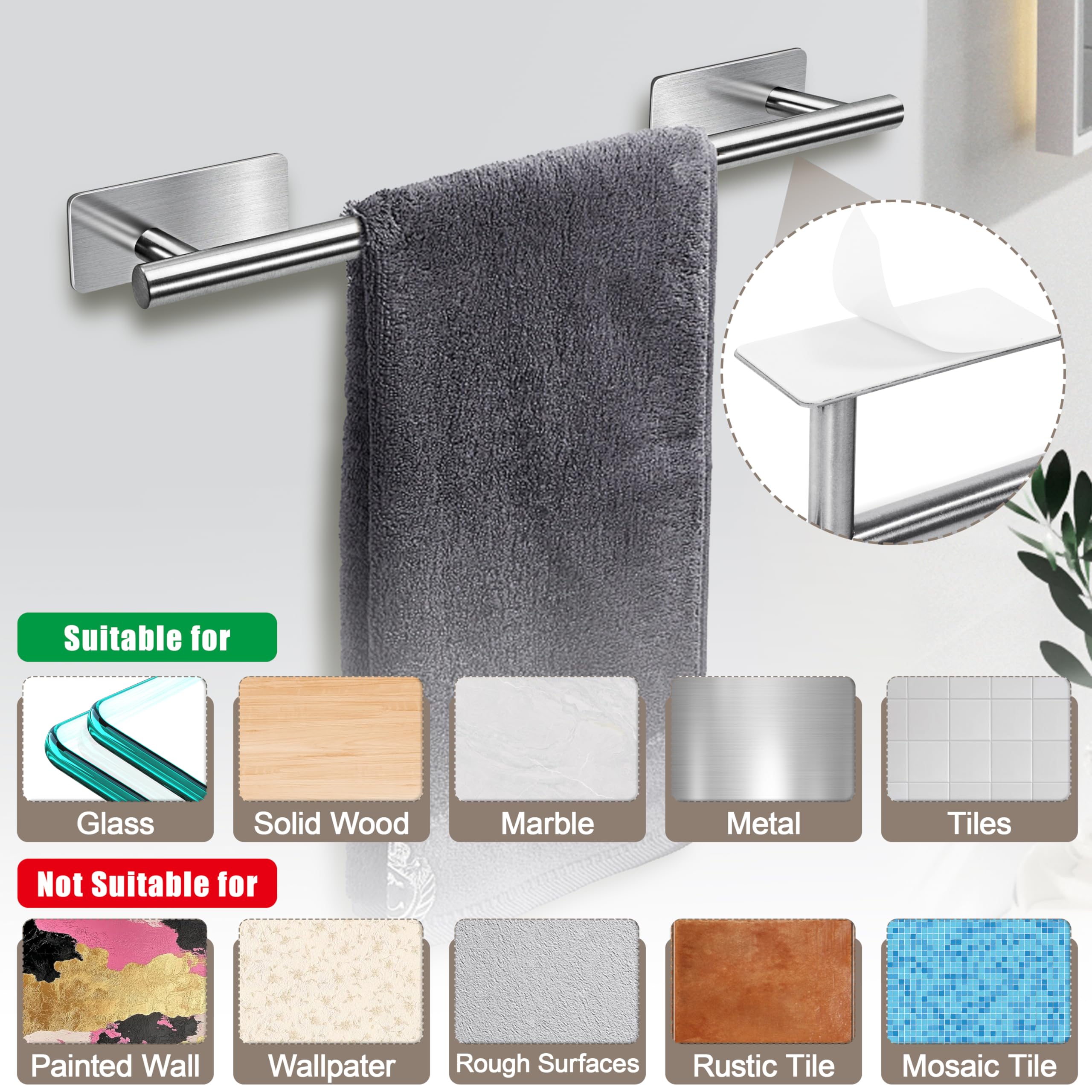 Accessori per il Bagno per Asciugamani Autoadesivi set 8PCS Acciaio Inossidabile Portasalviette da Bagno porta Carta Igienica Gancio per Accappatoio (Argento)