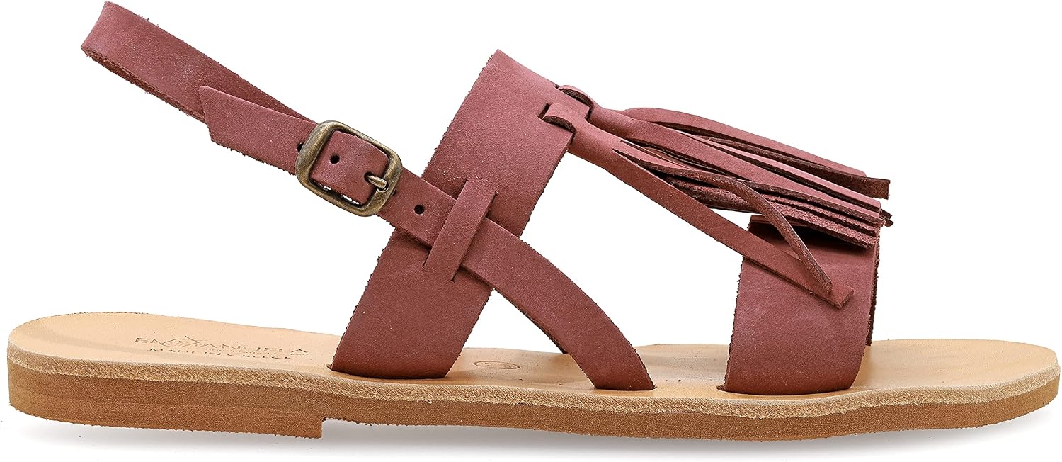 Emmanuela Greek Handmade Leather Flat Sandals with Tassels, Quality Summer Shoes for Women with adjustable buckle strap, Open Toe Sandals, Boho Chic Slingback Sandals