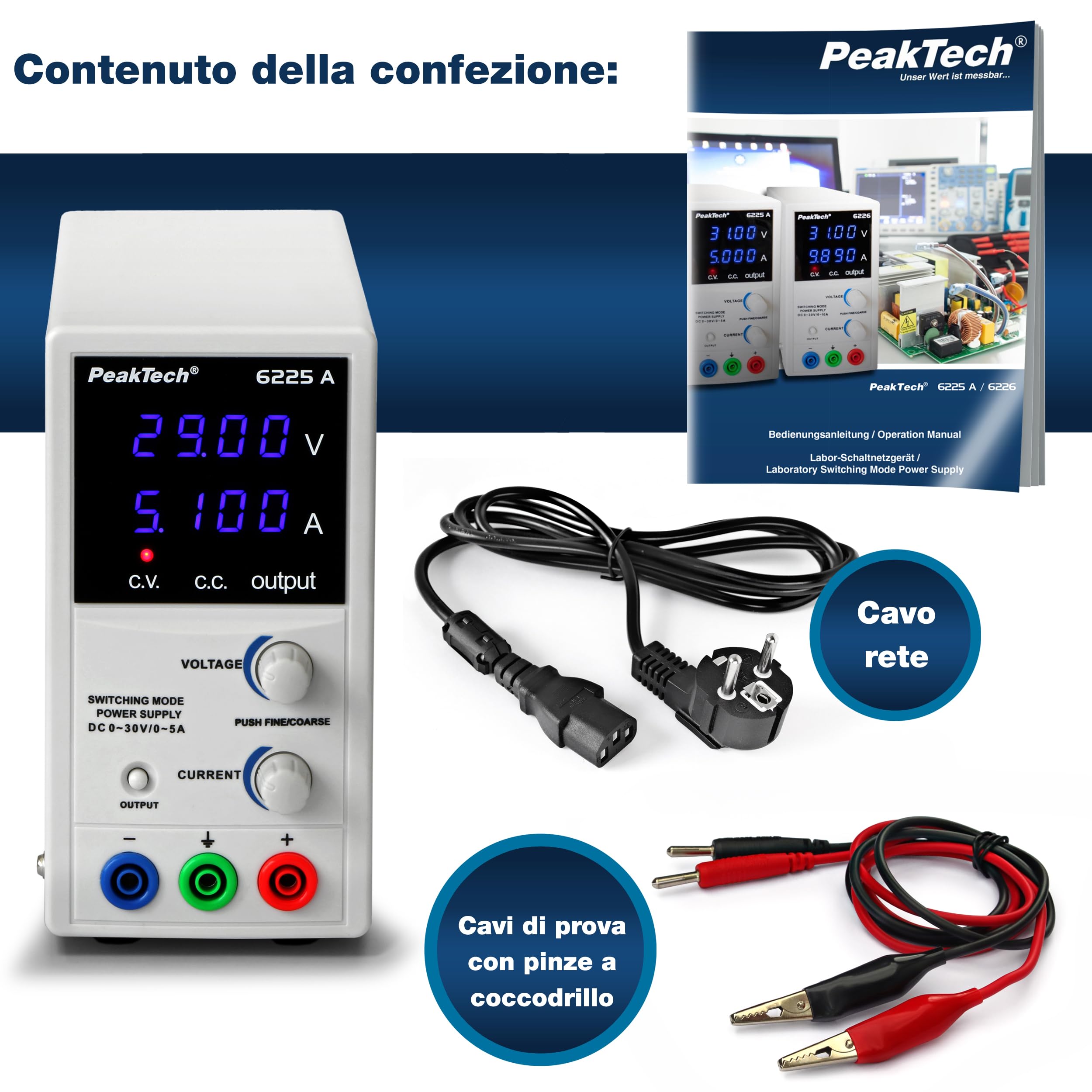 Peaktech 6225 a 1 - Alimentatore da Laboratorio Dc 0-30V/0-5A, Display a LED a 4 Cifre Regolabile, Alimentatore a Commutazione Stabilizzata, Protezione da Sovraccarico e Cortocircuito