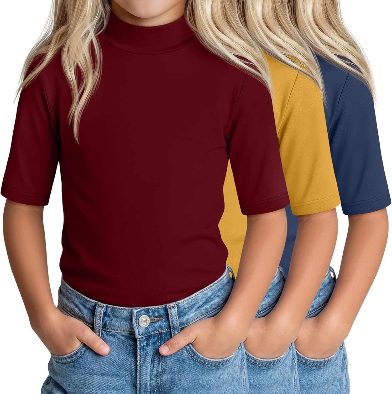 3 Pack Girls' 1/2 Sleeve Mock Turtleneck Shirts Summer Elbow Length Tops Kids Half ...