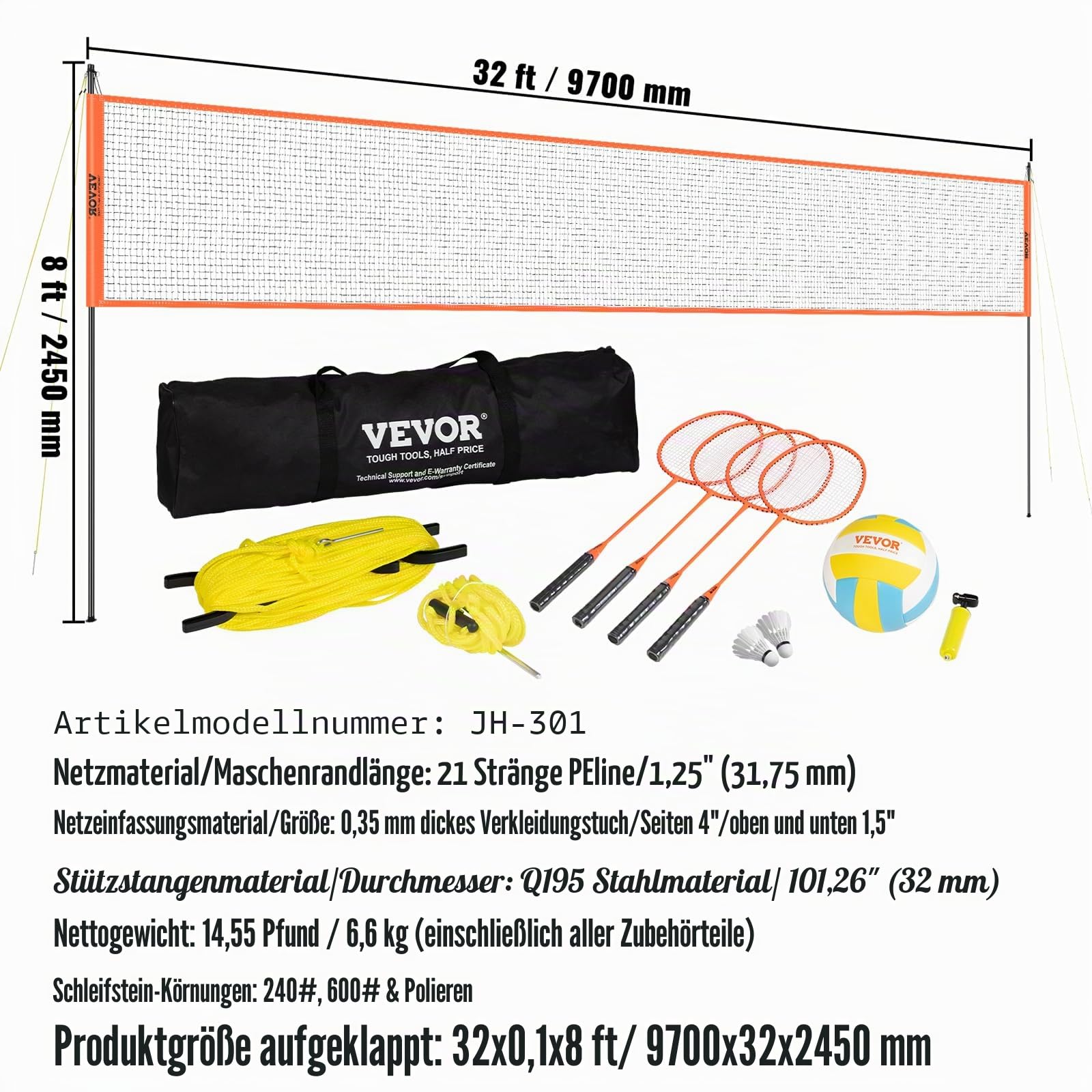 VEVOR Volleyballnetz Höhenverstellbares Badmintonnetz, 91,44 x 970 cm Tragbarer Beachvolleyball-Netz, Orange Volleyballnetz Faltbare Volleyballnetz mit Volleyball & Tragetasche & Badmintonschläger