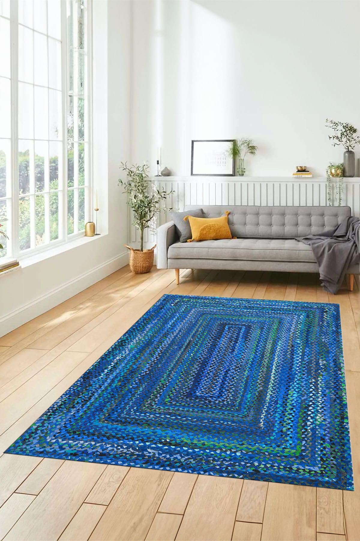 Evdeya Dijital Baskılı Kaymaz Taban Yıkanabilir Jüt Hasır Desen yolluk Mutfak Salon Halısı JÜT-05, Mavi, 80 x 300