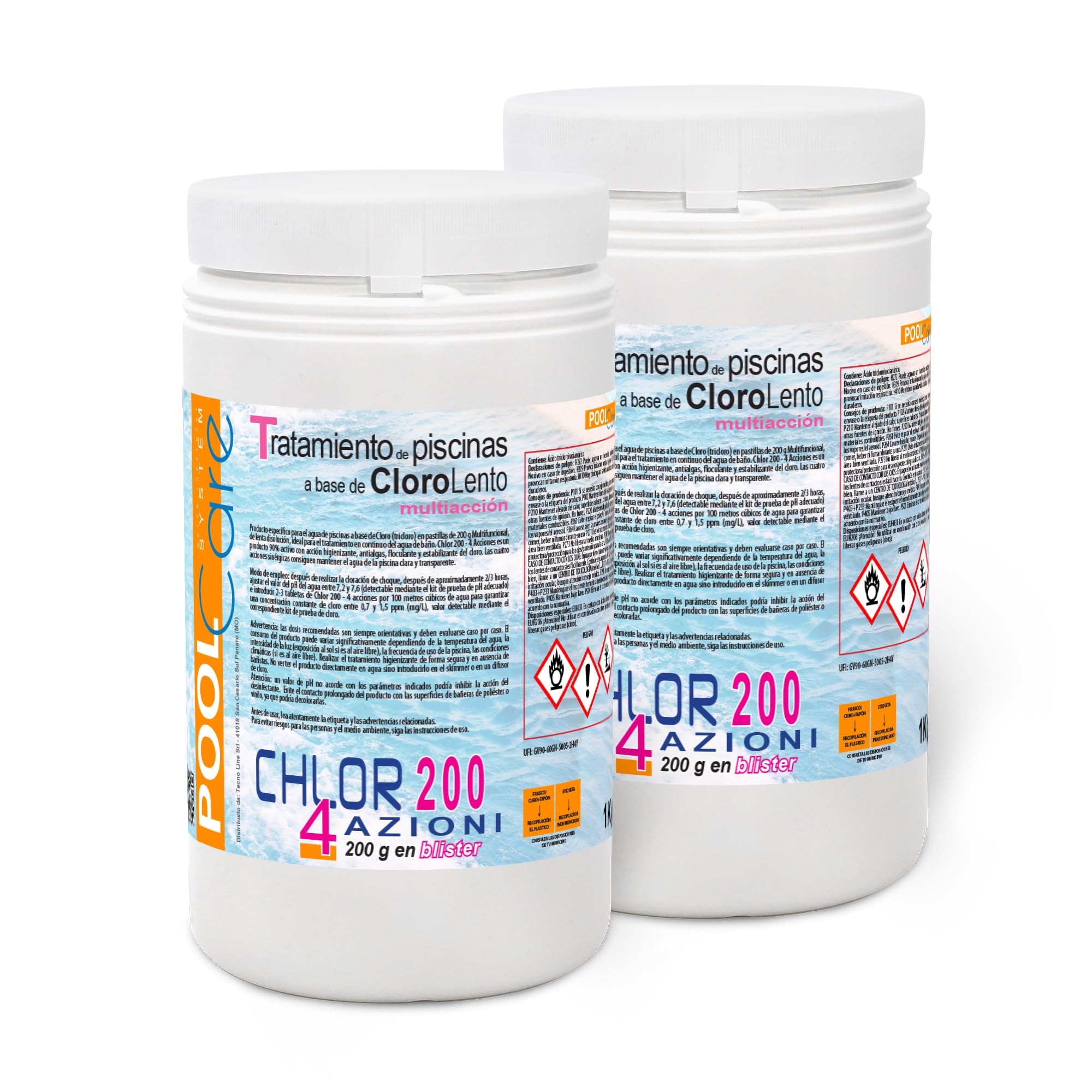 Pool Care CHLOR 200 4 Azioni, Multiazione in Pastiglie da 200gr - (1+1) 2Kg | Cloro Multifunzione, Attivo al 90%, a Lenta Dissoluzione, per Piscina e Spa Idromassaggio
