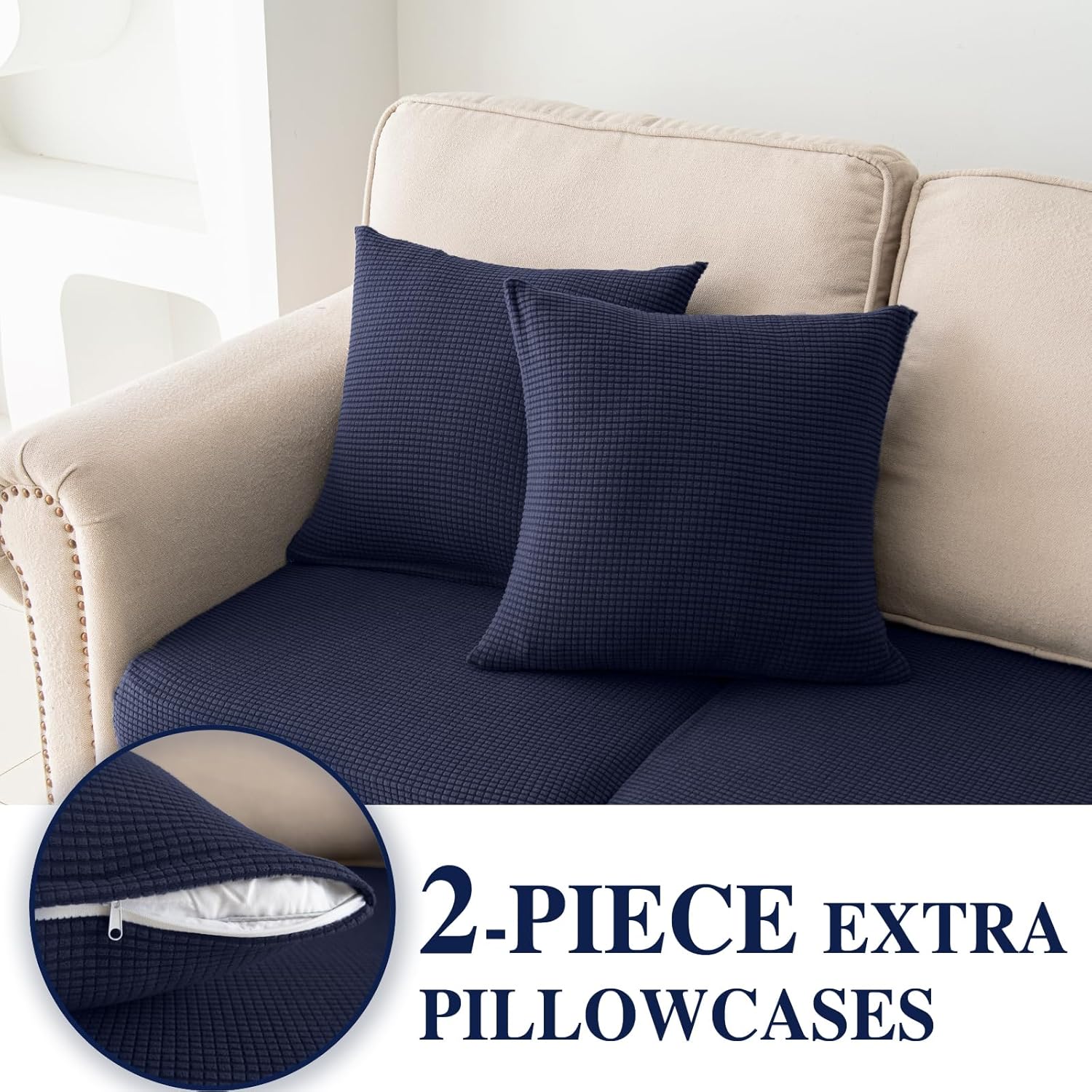 Couch Cushion Covers for Sectional Sofa L Shape Washable Separate Seat Chaise Couch Cover Stretch Sofa Slipcovers with 2 Pcs Pillowcases(2 Seater + 1 Chaise, Navy)
