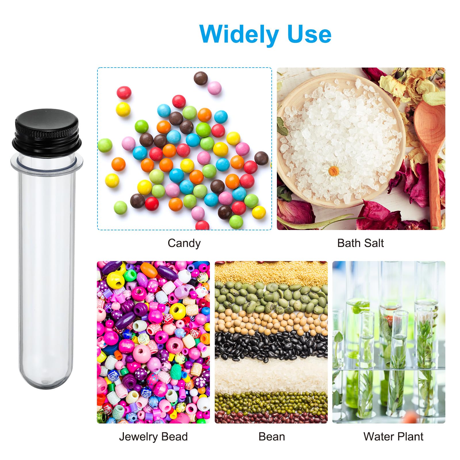 PATIKIL Tubos de Ensayo de 40 ml, 60 Unidades, 5.51x0.98" Contenedores Redondos de Plástico Transparente con Tapas para Almacenamiento de Cuentas, Dulces, Sales de Baño, Negro