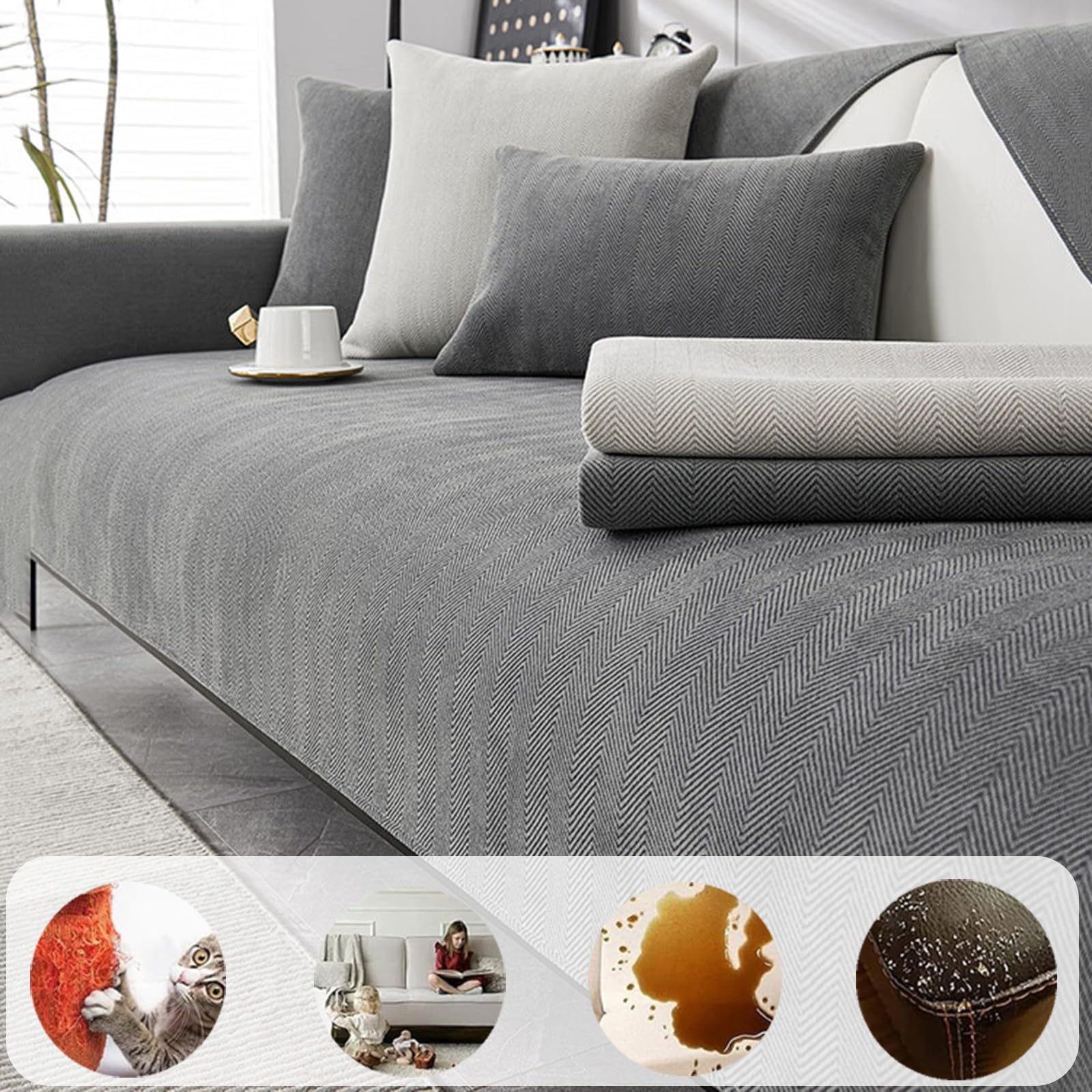 Generisch Vintage Chenille SofaüBerwurf rutschfest, Weicher Waschbarer Sofaschoner FüR 2-5 Sitzer L Form Sektionssofa – Couch üBerzug Haustier Sofaschutz(Blue,90x240cm)