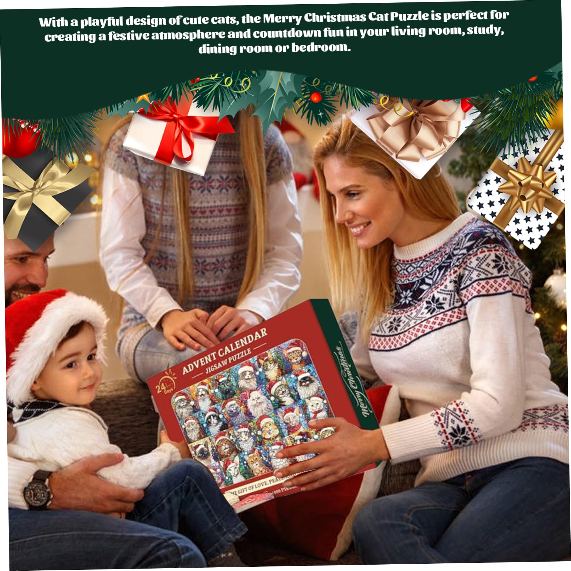 Calendario de adviento de Navidad 2024, 1000 piezas Puzzle de calendario de adviento de gato navideño, 24 días de cuenta regresiva de la familia Familia Game para niños adolescentes adultos..