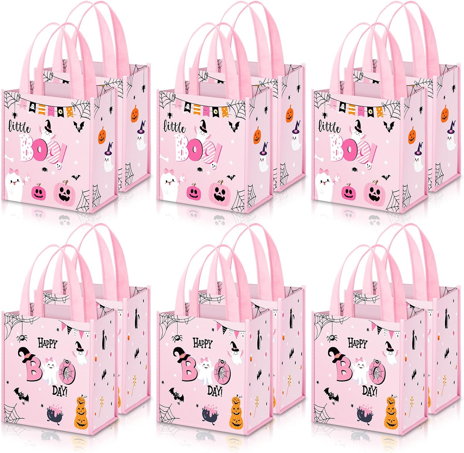 Tiamon 24 Pcs Pink Halloween Party Gift Bags Little Boo Non Woven Tote Bags with Handles Reusable Trick or Treat Candy Party Favor Bulk for Pink Halloween Baby Shower Birthday Fall Supplies
