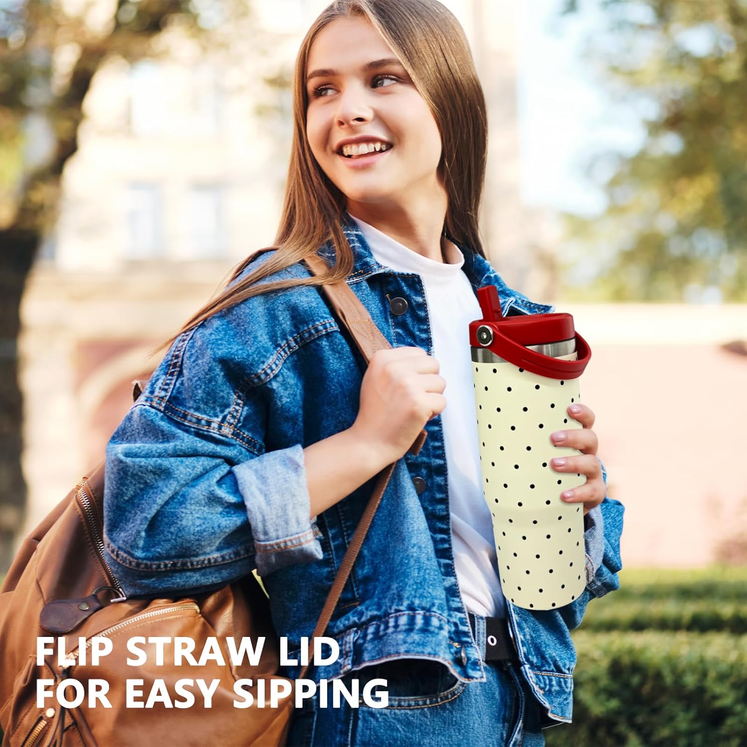 30 oz Tumbler with Handle and Straw, Vacuum Insulated Tumblers with Flip Straw and Top Handle, Leakproof Tumbler, Stainless Steel Travel Mug for Coffee Water, Cold for 20 Hours(Red Apple) - Image 6