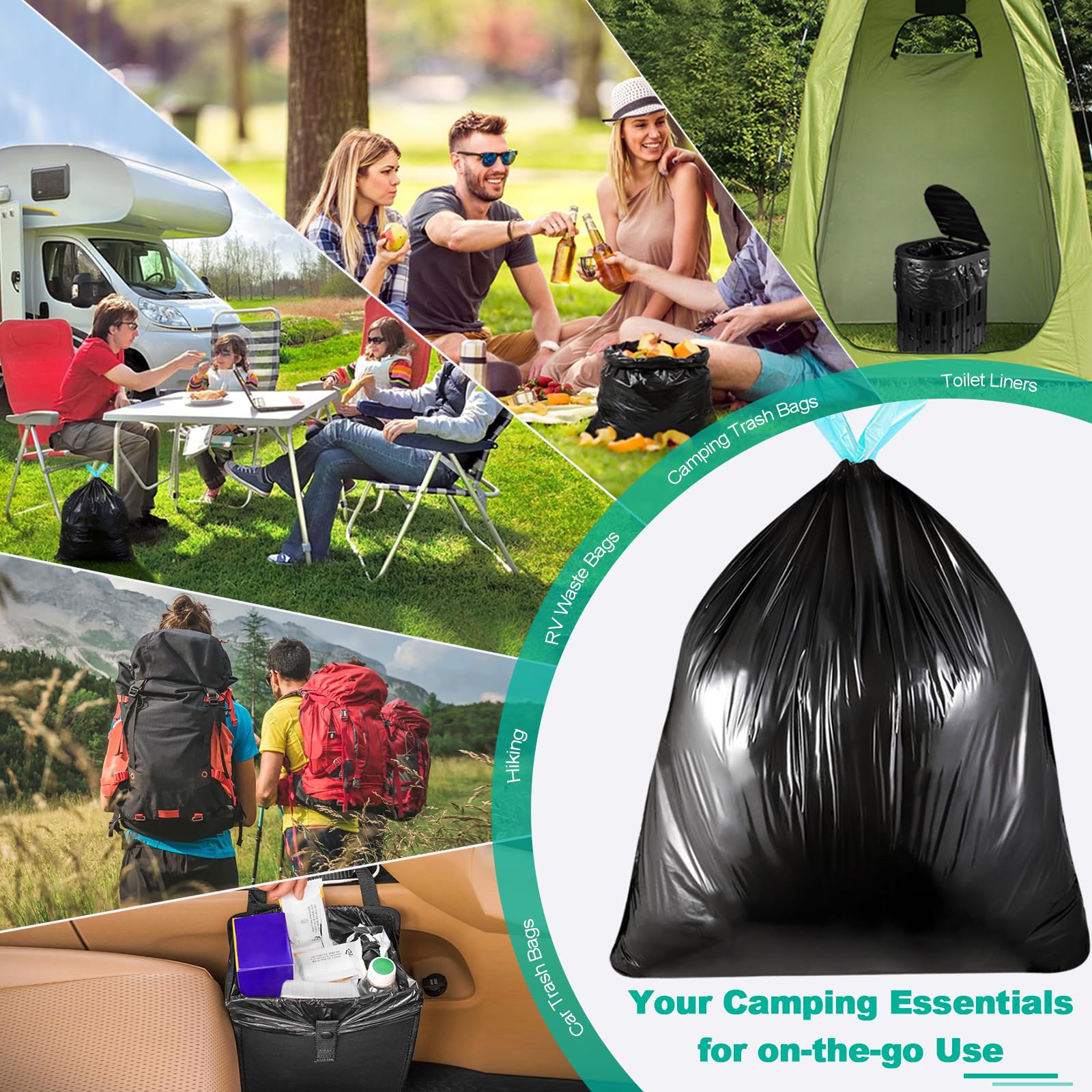 OUMEE 60 tragbare Toilettenbeutel Kotgel-Set, 8 Gallonen Camping-Toilettenbeutel mit saugfähigem Toilettengel, Toilettenabfallbeutel, auslaufsichere Müllbeutel für Outdoor-Camping-Toilette, Reisen,