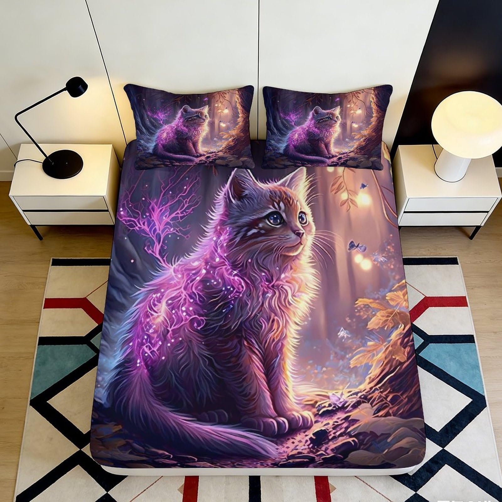 3D Printed Fantasy Cat Fitted Sheet Microfiber Purple Forest Mattress Cover for Bedroom Dorm Artistic Decor 120x200cm 140x200x25cm