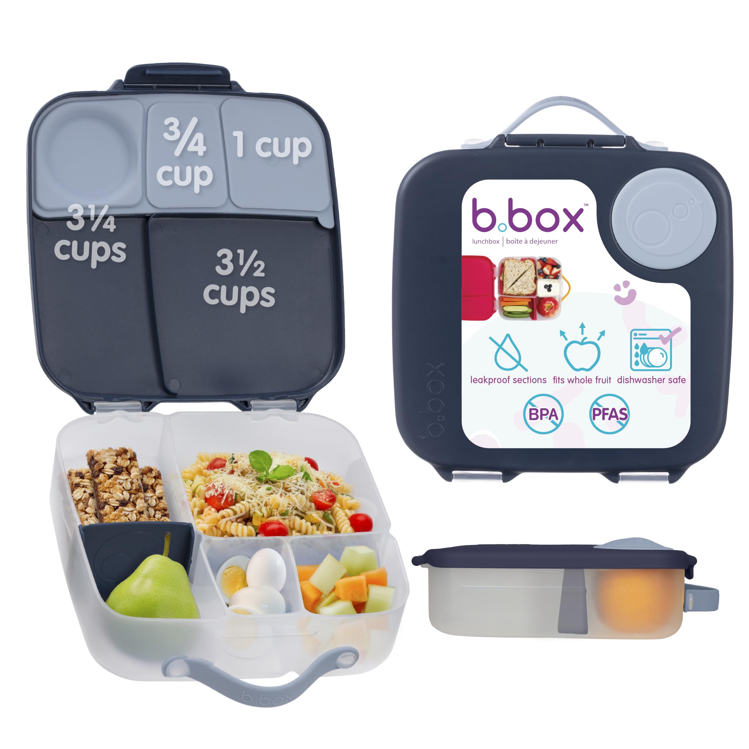 b.box Porta Pranzo Jumbo a 4 Scomparti (2 a Prova di Perdite), Lunch Box con Divisorio Rimovibile | Bento Box con Ghiacciolo | Ideale per la Scuola | Da 3+ | Capacità 2L